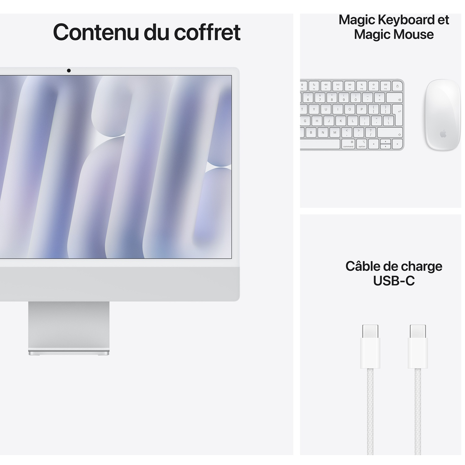 Contenu du coffret : un iMac, un Magic Keyboard, une Magic Mouse et un câble de charge USB-C.