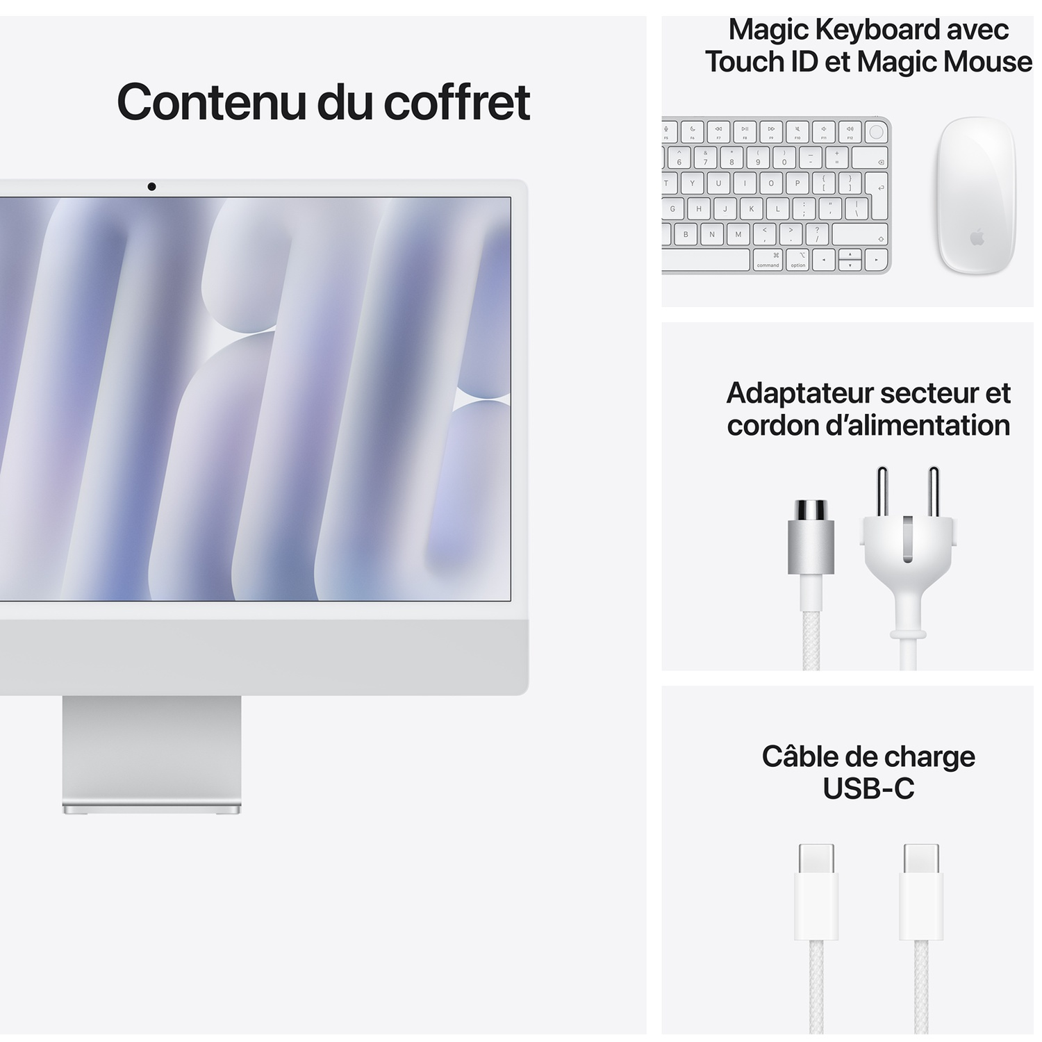 Contenu de la boîte montrant un iMac, un clavier, une souris et des câbles.