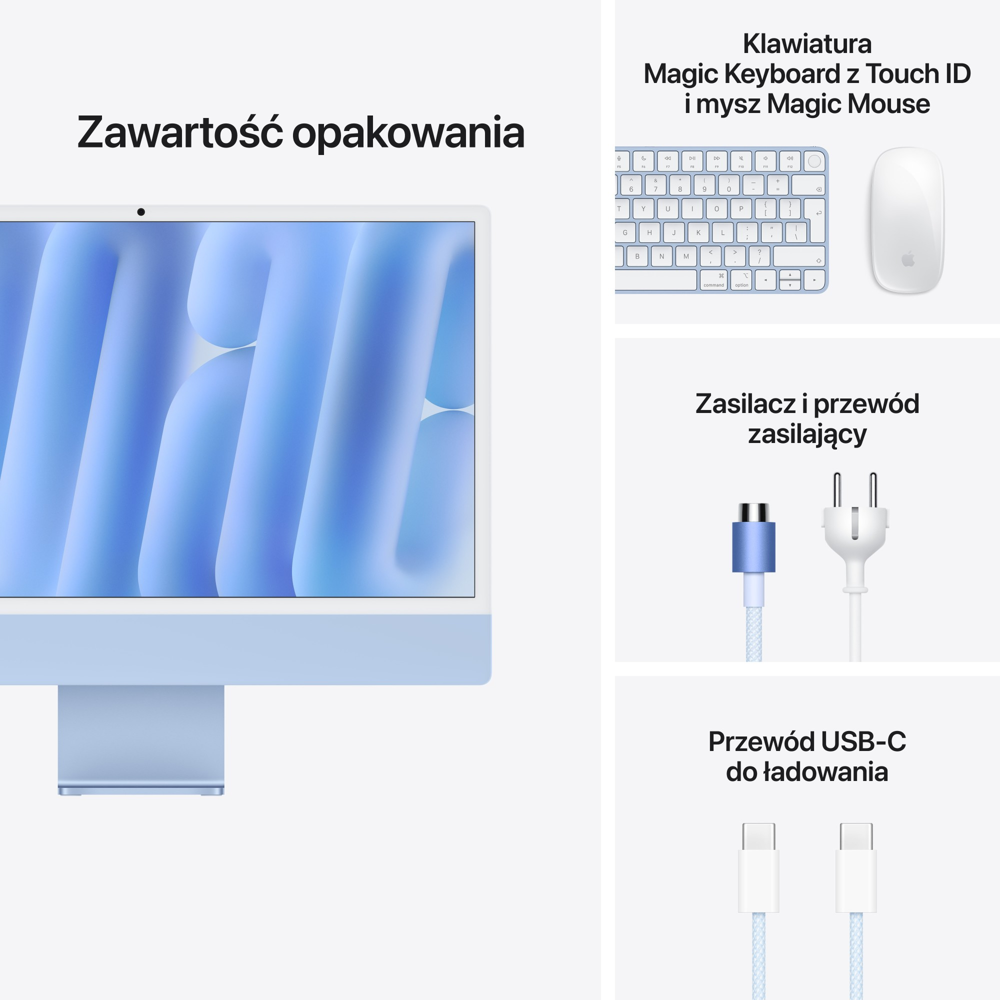 Zawartość pudełka niebieskiego iMaca obejmująca komputer, klawiaturę, mysz i kable.