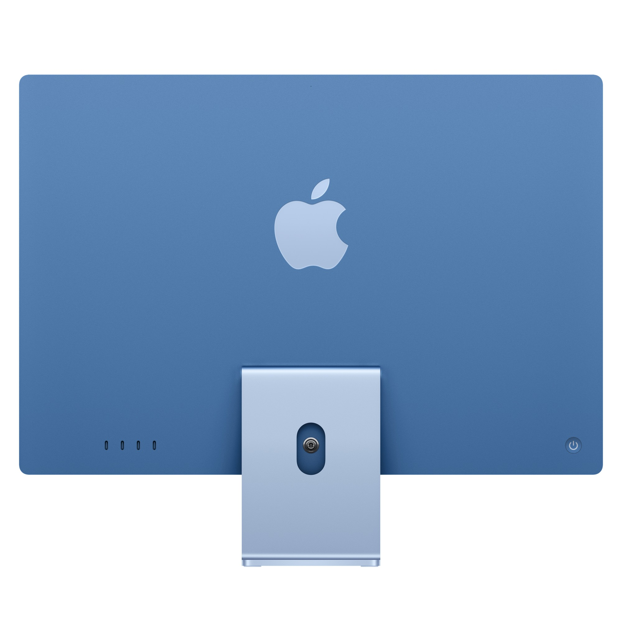 Tył niebieskiego komputera Apple iMac ze srebrną podstawką i logo Apple na białym tle.
