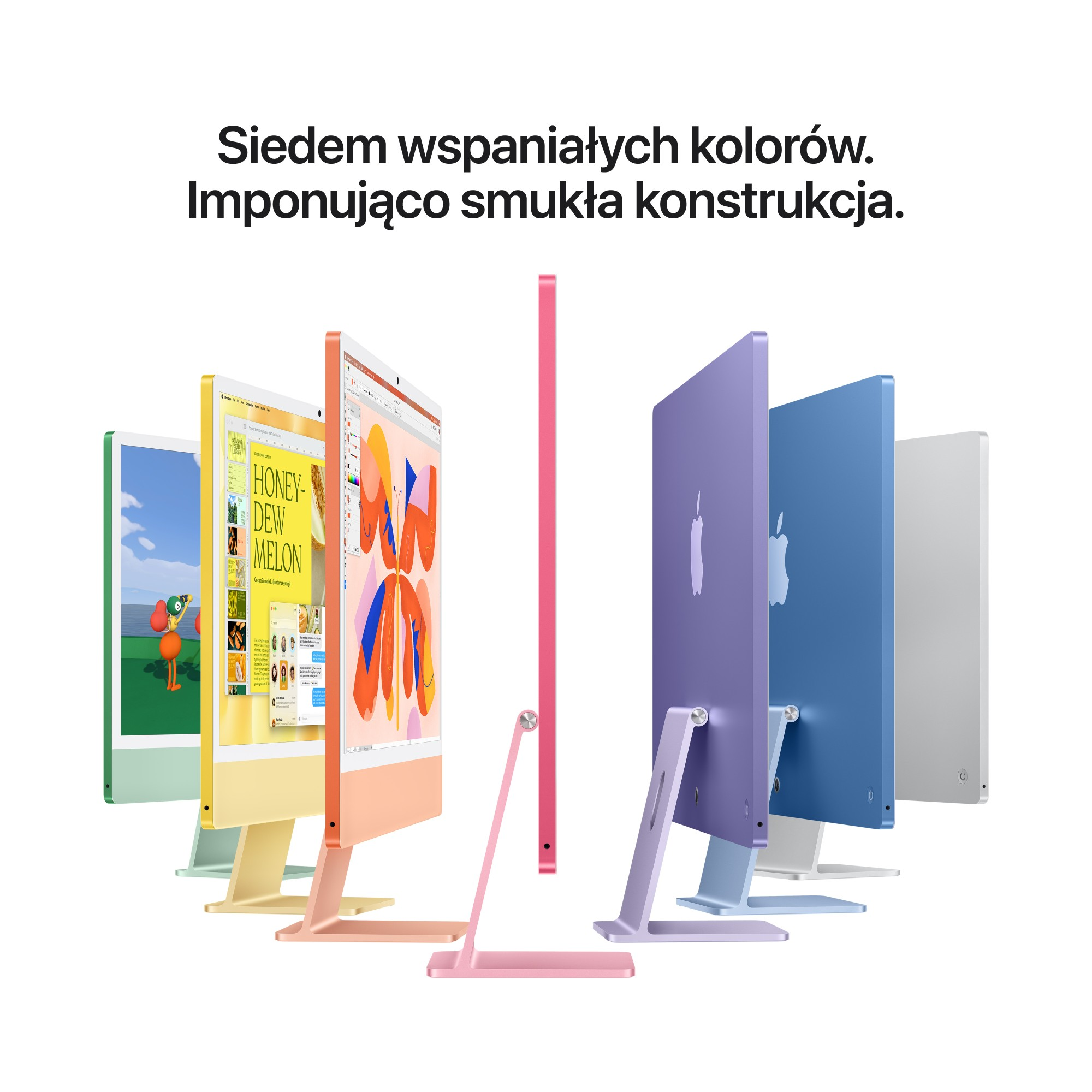 Siedem kolorowych komputerów iMac ustawionych w rzędzie z polskim tekstem powyżej.