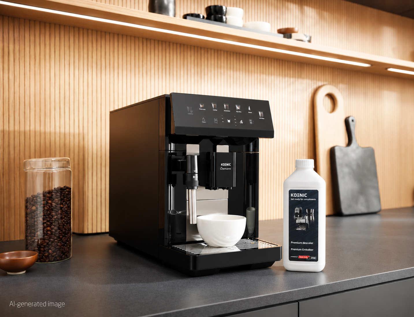 Eine schwarze Kaffeemaschine steht auf der Küchenarbeitsplatte, daneben eine Flasche Entkalker und ein Glas Kaffeebohnen.