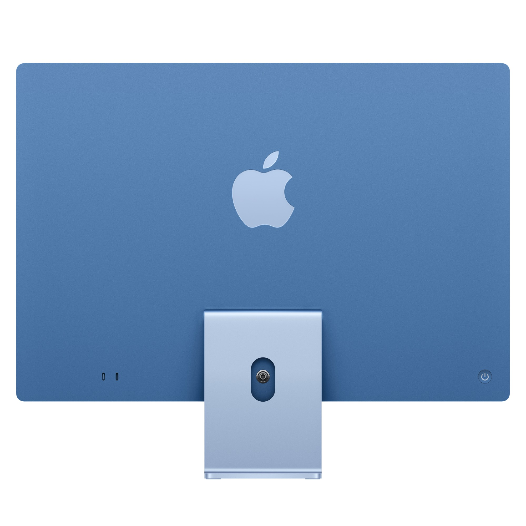 Tył niebieskiego komputera Apple iMac z logo w kształcie jabłka i podstawką.