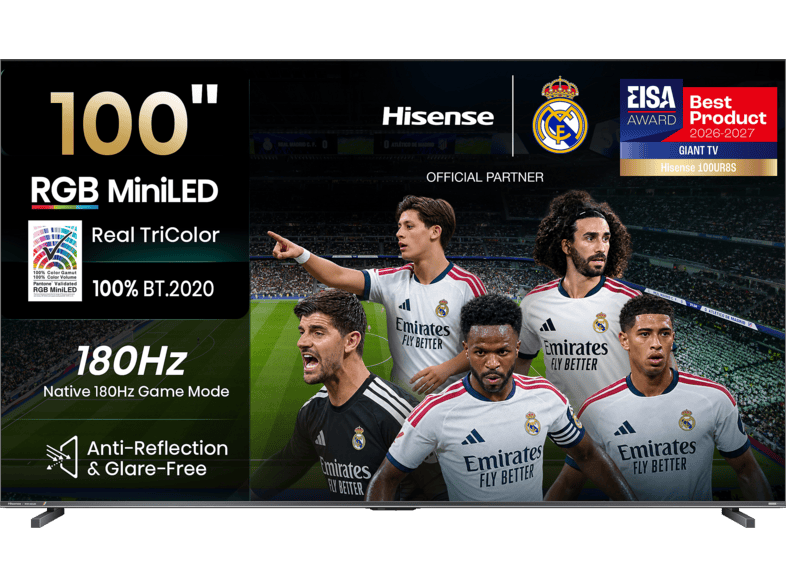 TV RGB Mini LED 100″ – Hisense 100UR8S, UHD 4K, Hi-View AI Engine RGB, Modo Juego, Pantalla Antirreflejos, Smart TV, Full IA, Gris Carbón