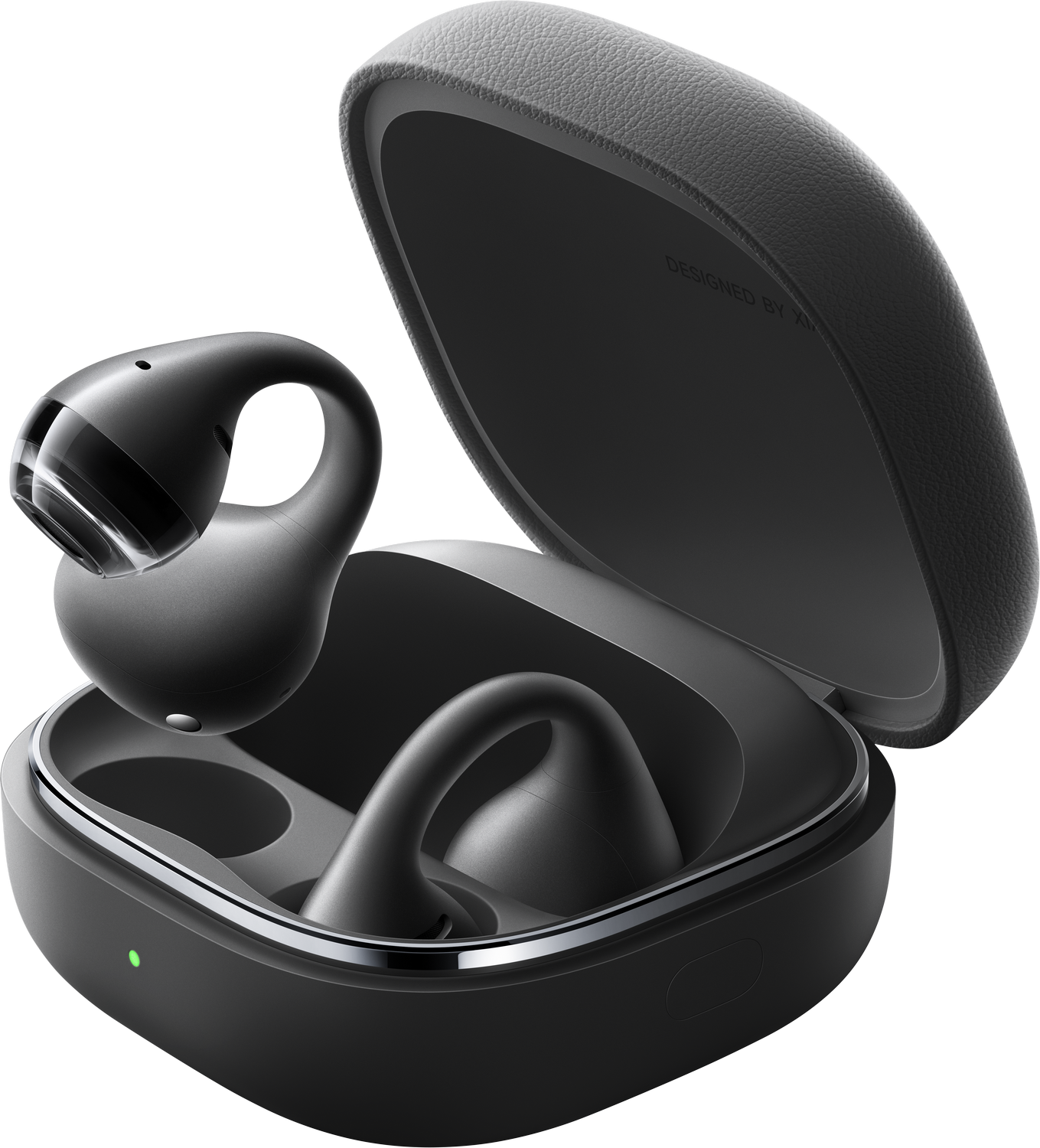 Auriculares inalámbricos grises en un estuche de carga abierto sobre fondo negro.