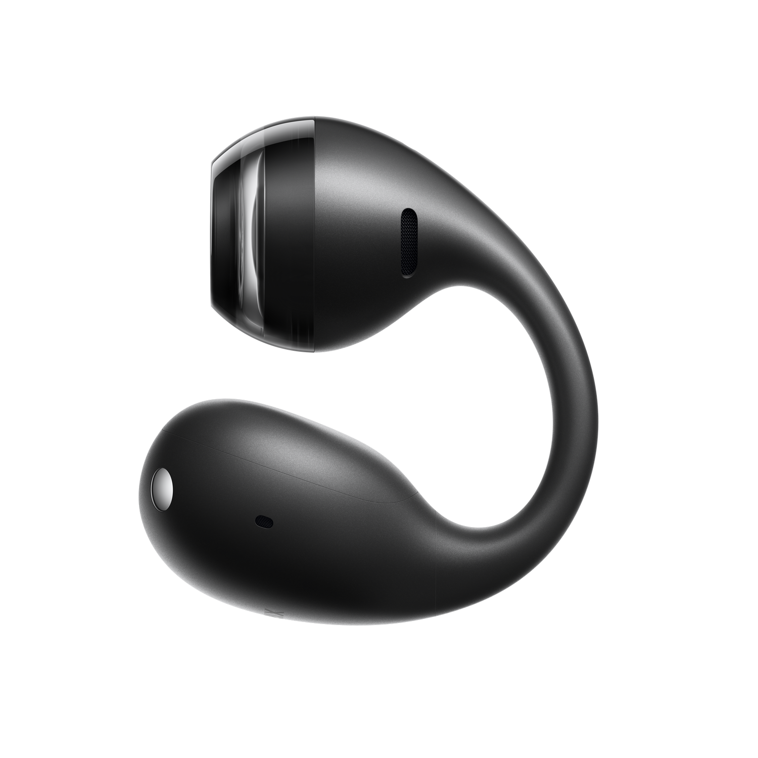 Un dispositivo tecnológico negro y elegante con forma curvada sobre fondo negro.