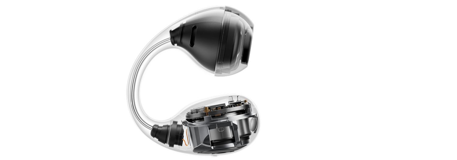 Vista transparente de auriculares que revela componentes internos sobre un fondo negro.