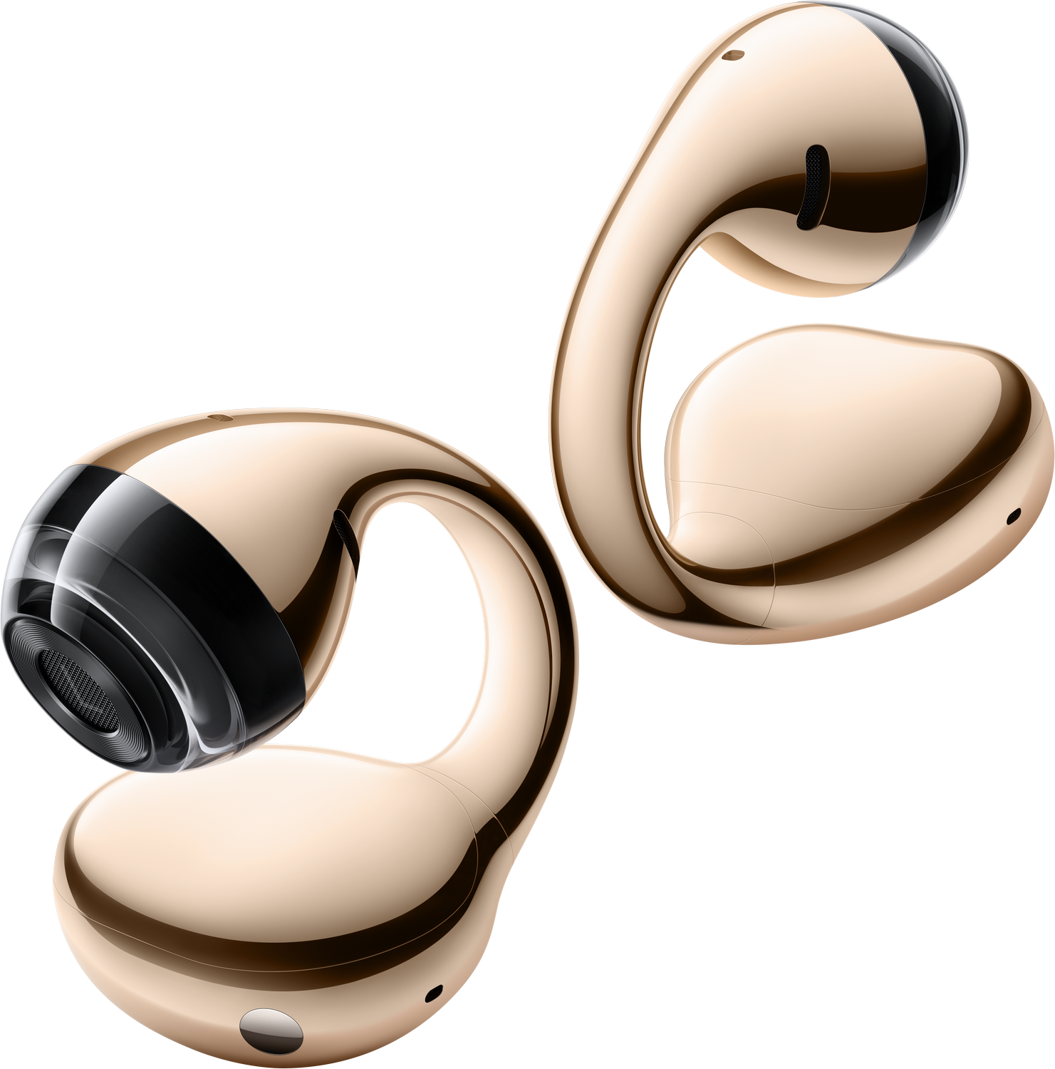 Dos auriculares inalámbricos dorados con forma de pendiente sobre un fondo negro.