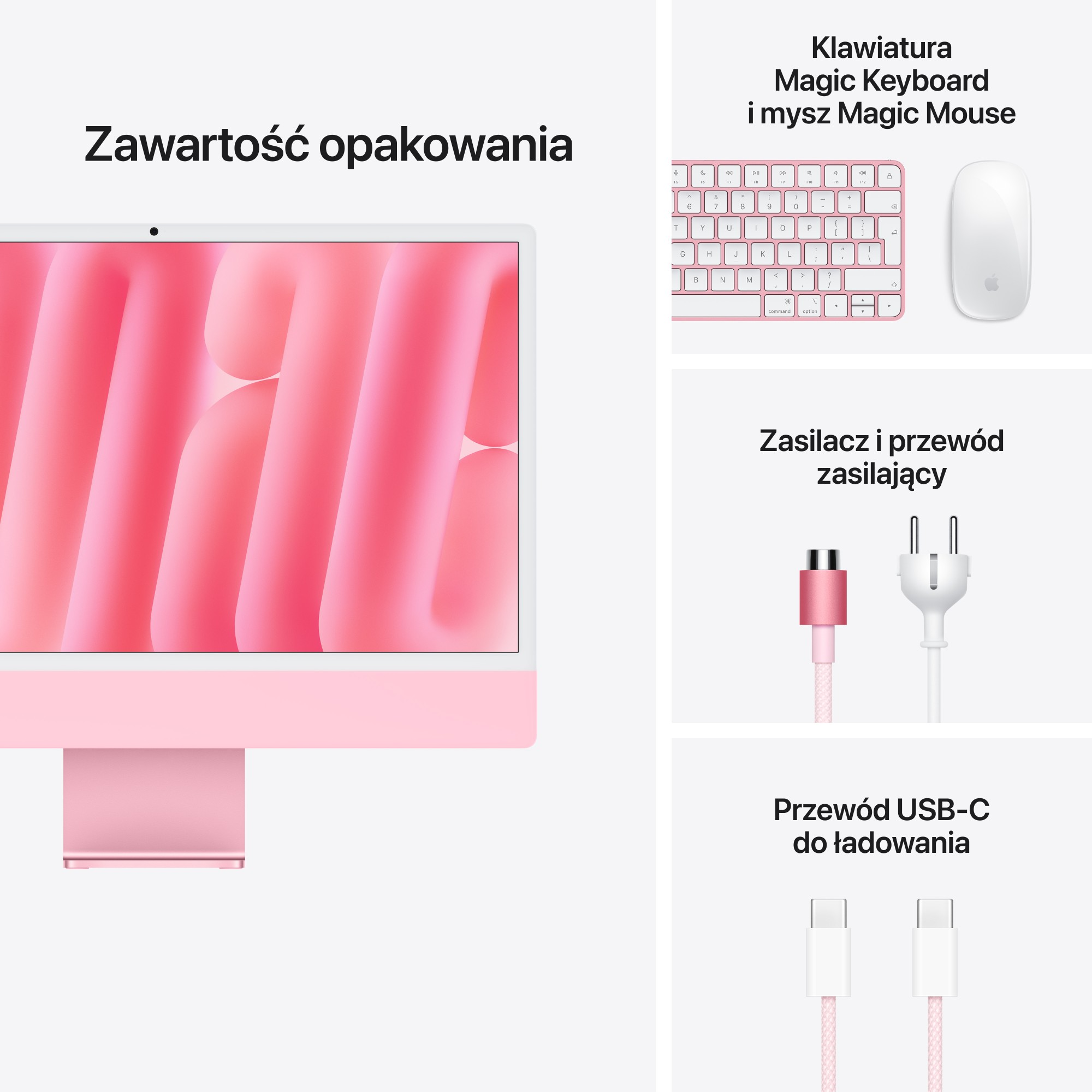 Zawartość opakowania: różowy iMac, Magic Keyboard, Magic Mouse, zasilacz i przewód USB-C.
