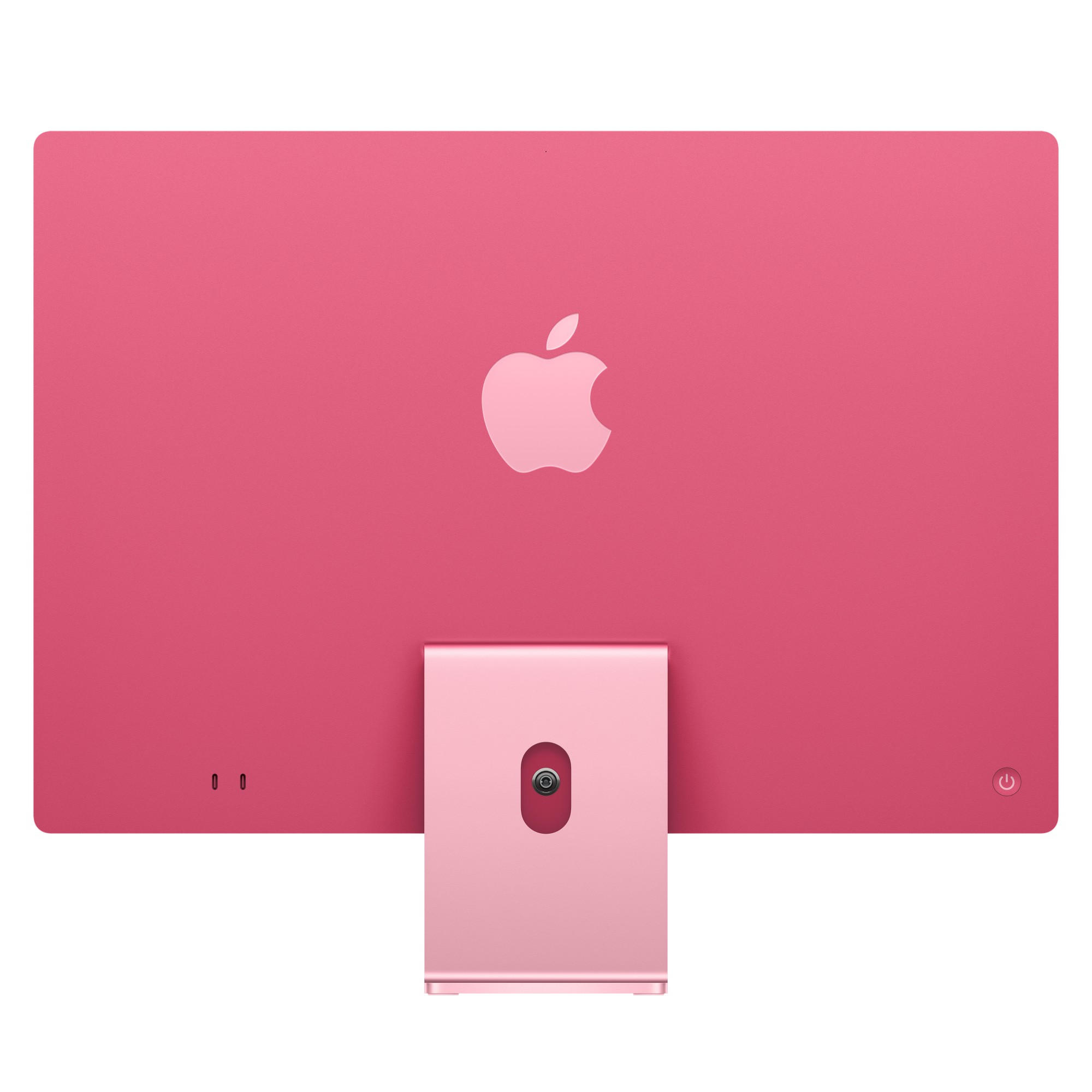Widok z tyłu różowego komputera iMac z logo Apple i podstawką na białym tle.