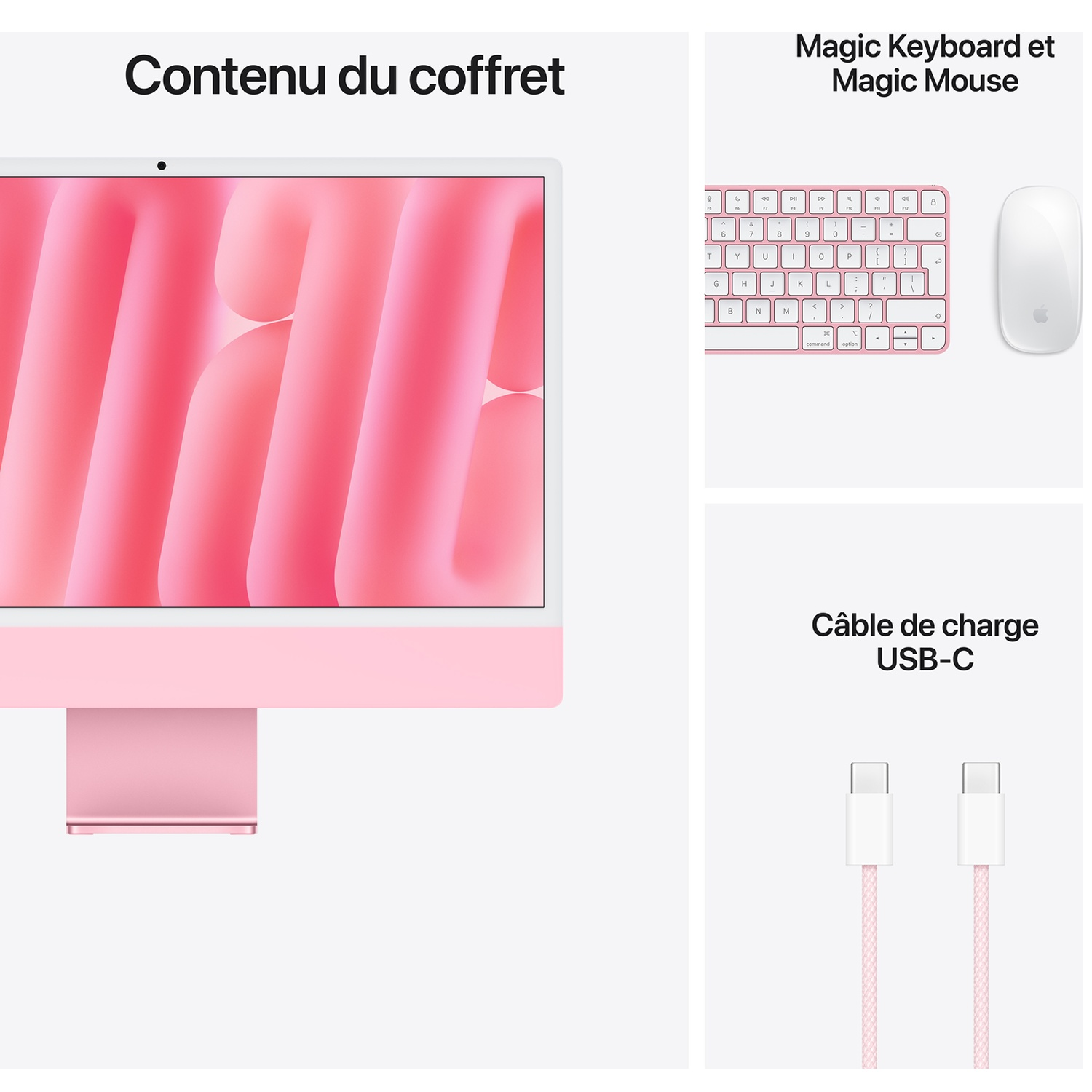iMac rose avec clavier, souris et câble de charge USB-C assortis.