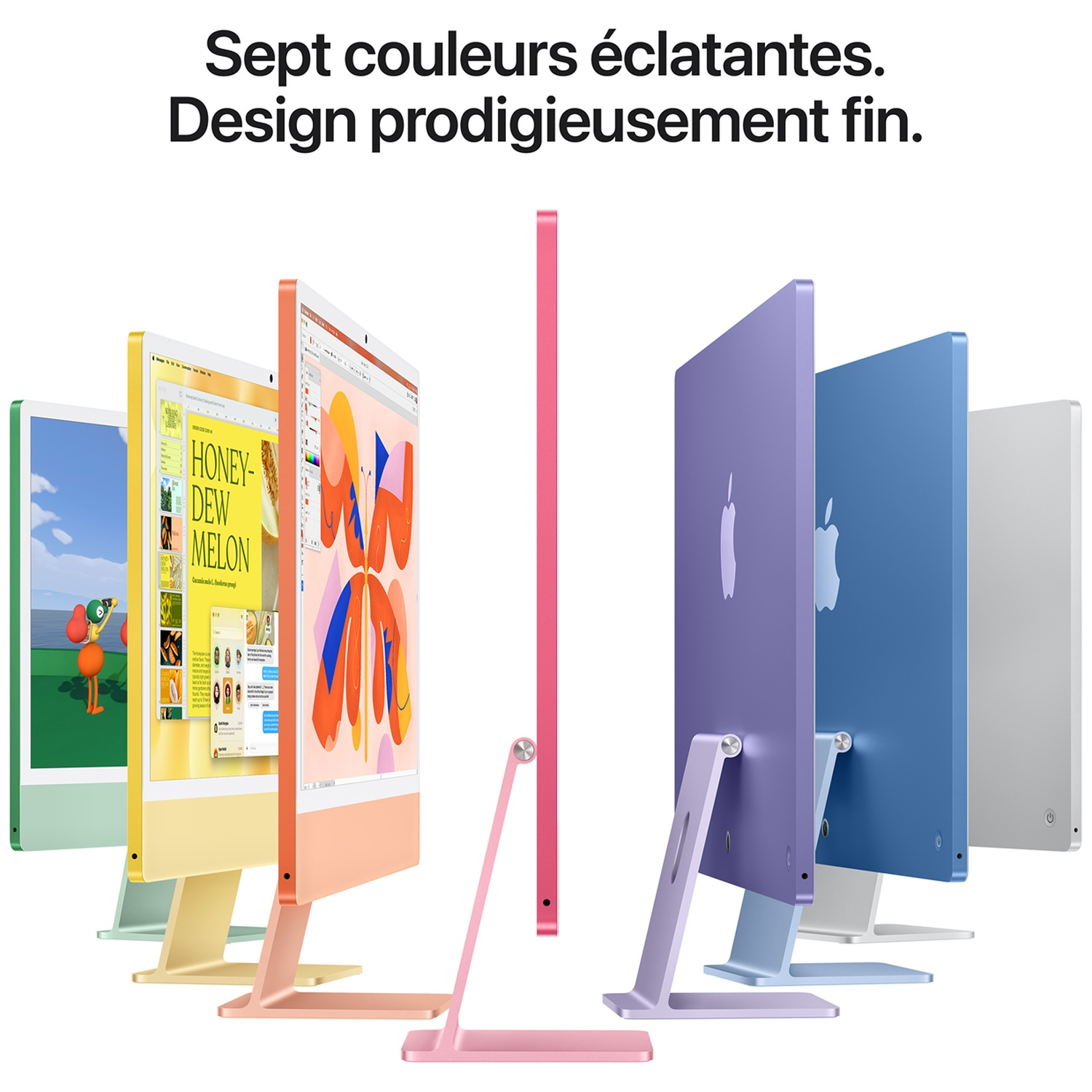 Sept iMac colorés alignés avec du texte en français en haut.