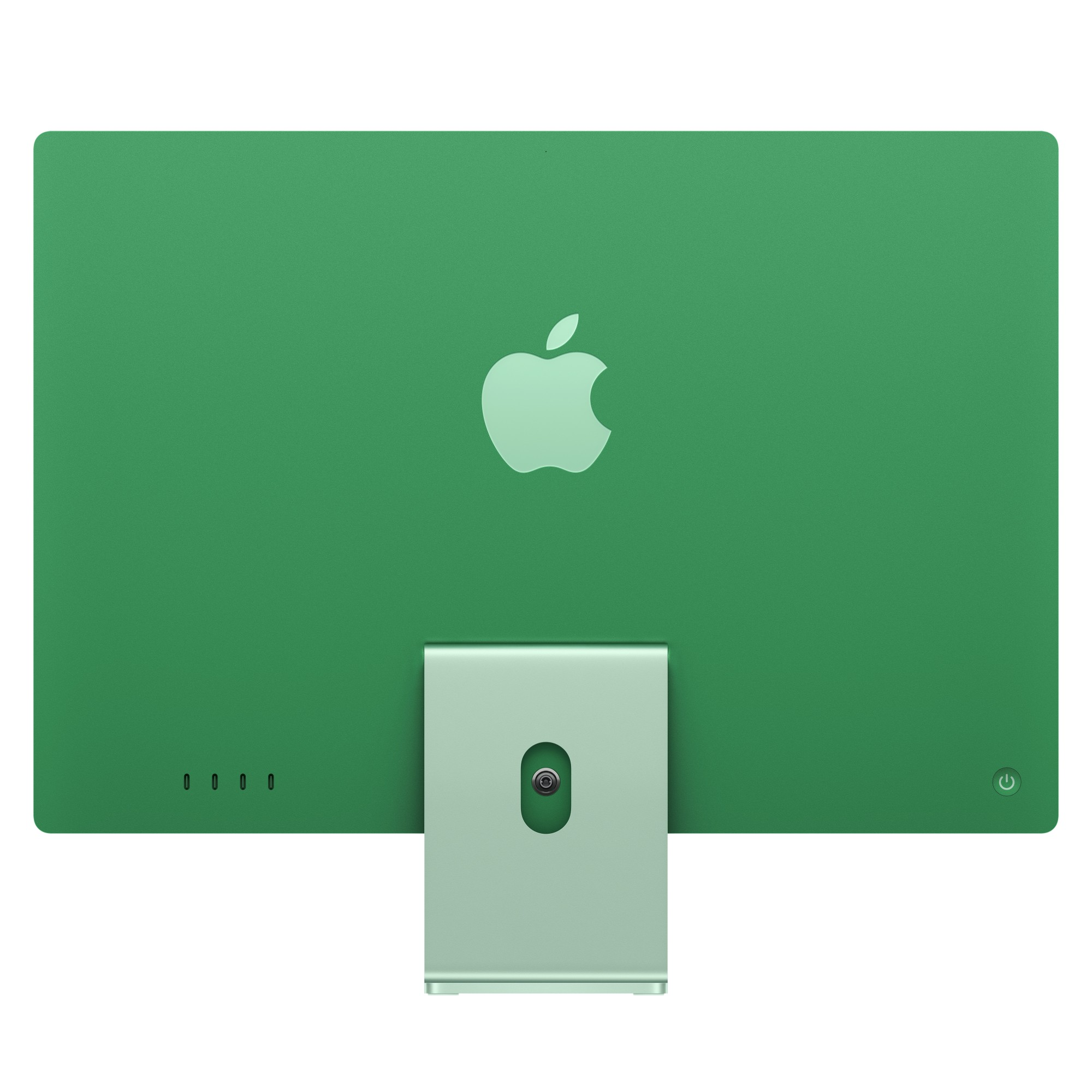 Tył zielonego iMaca z logo Apple i podstawką na białym tle.