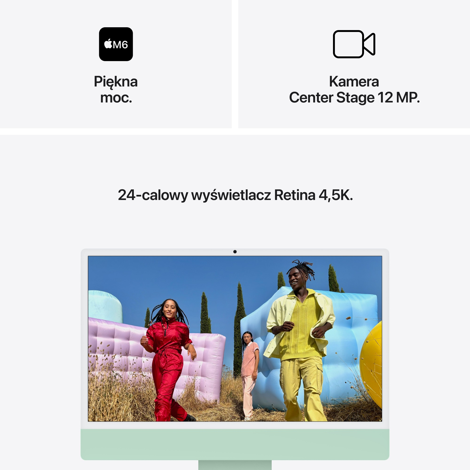 Komputer Apple z 24-calowym wyświetlaczem Retina 4,5K i trzema osobami na tle kolorowych poduszek i drzew.