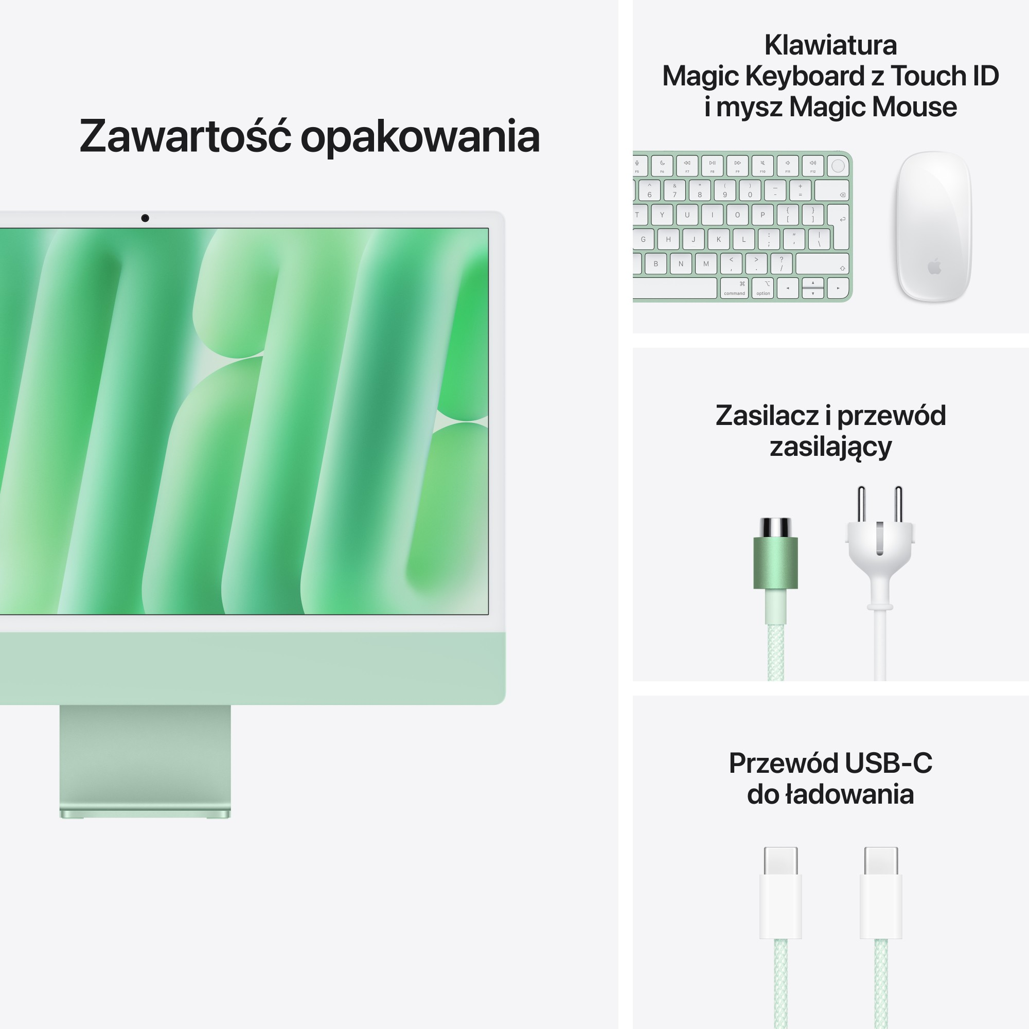 Zawartość opakowania z zielonym komputerem iMac, klawiaturą, myszką i zasilaczem.