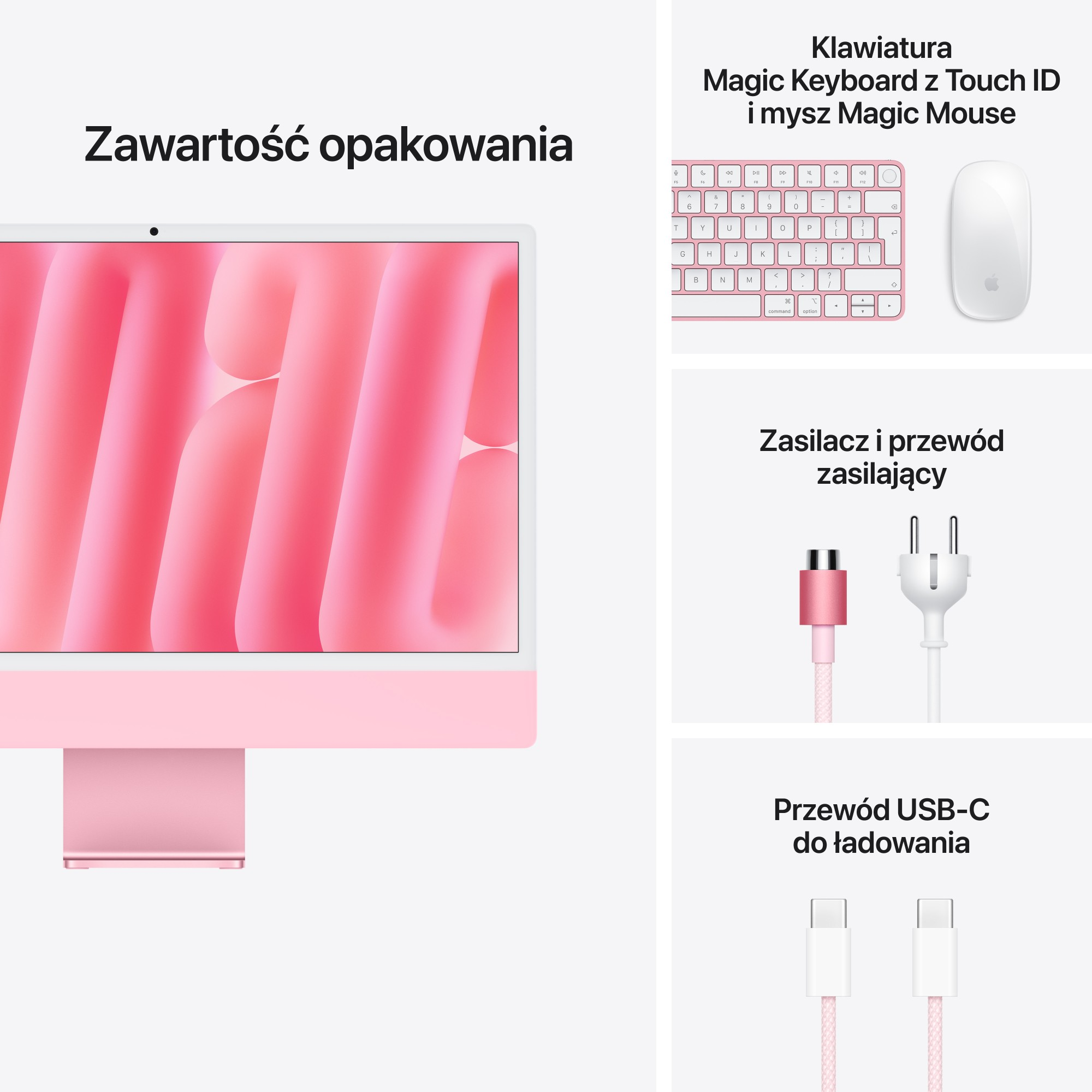 Zawartość opakowania przedstawia różowy iMac, klawiaturę, mysz, zasilacz i kabel USB-C.