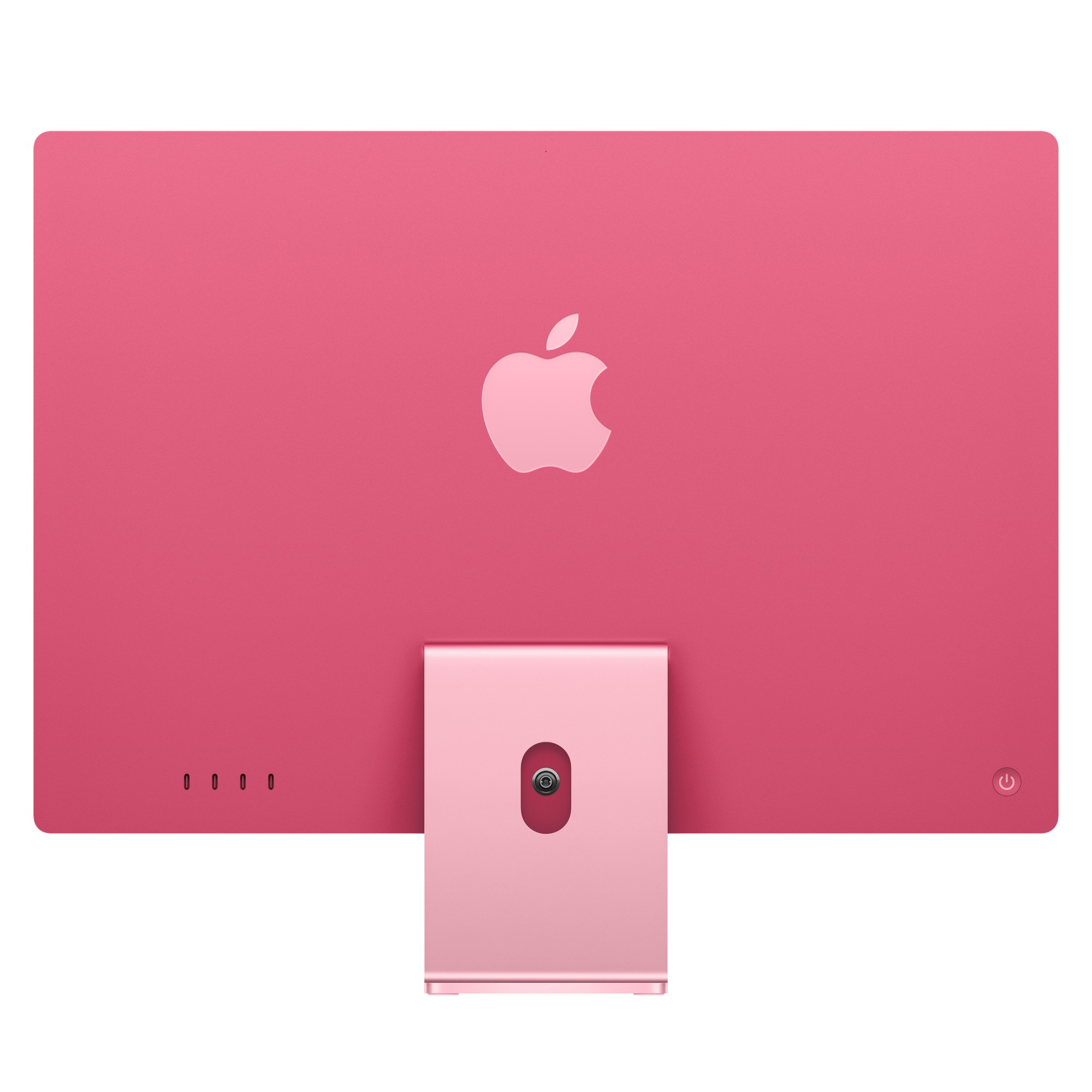 Tył różowego komputera iMac ze srebrnym logo Apple, podstawą i portami na białym tle.