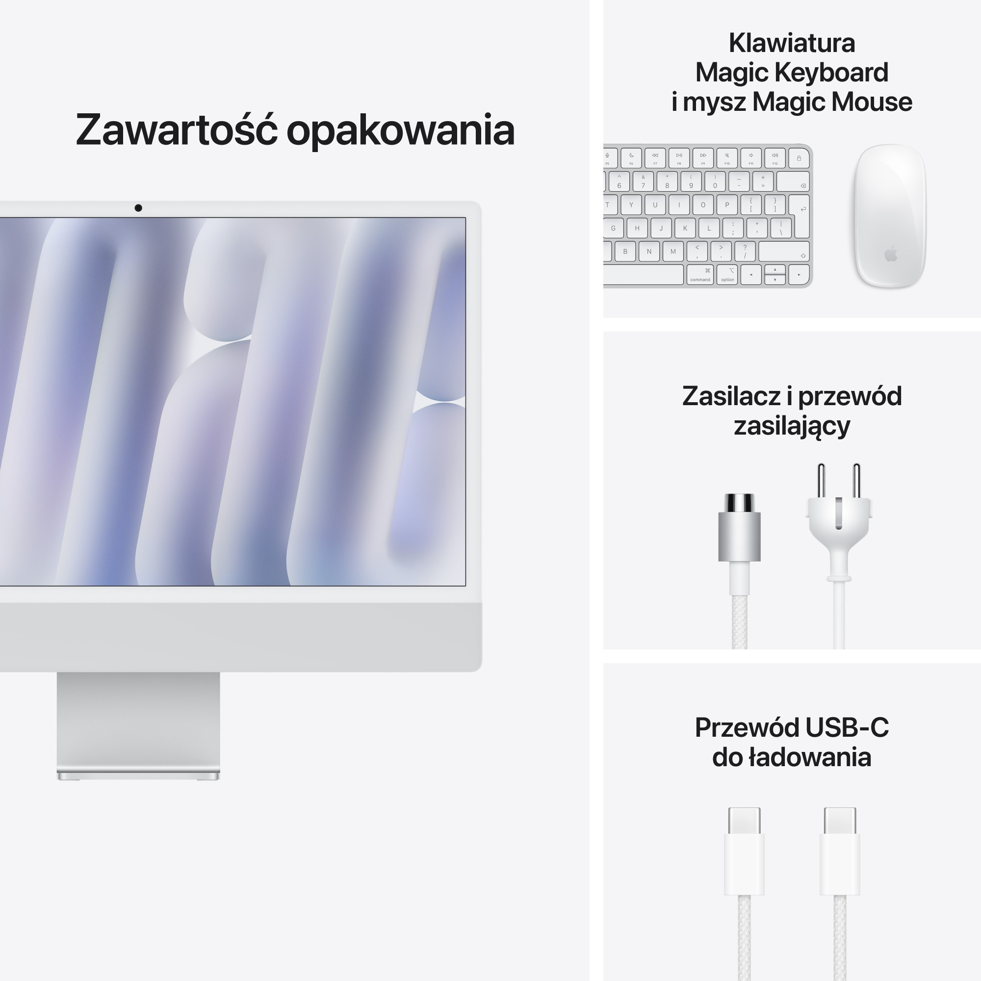 Zawartość opakowania przedstawiająca komputer iMac, klawiaturę, mysz, zasilacz i przewód USB-C.