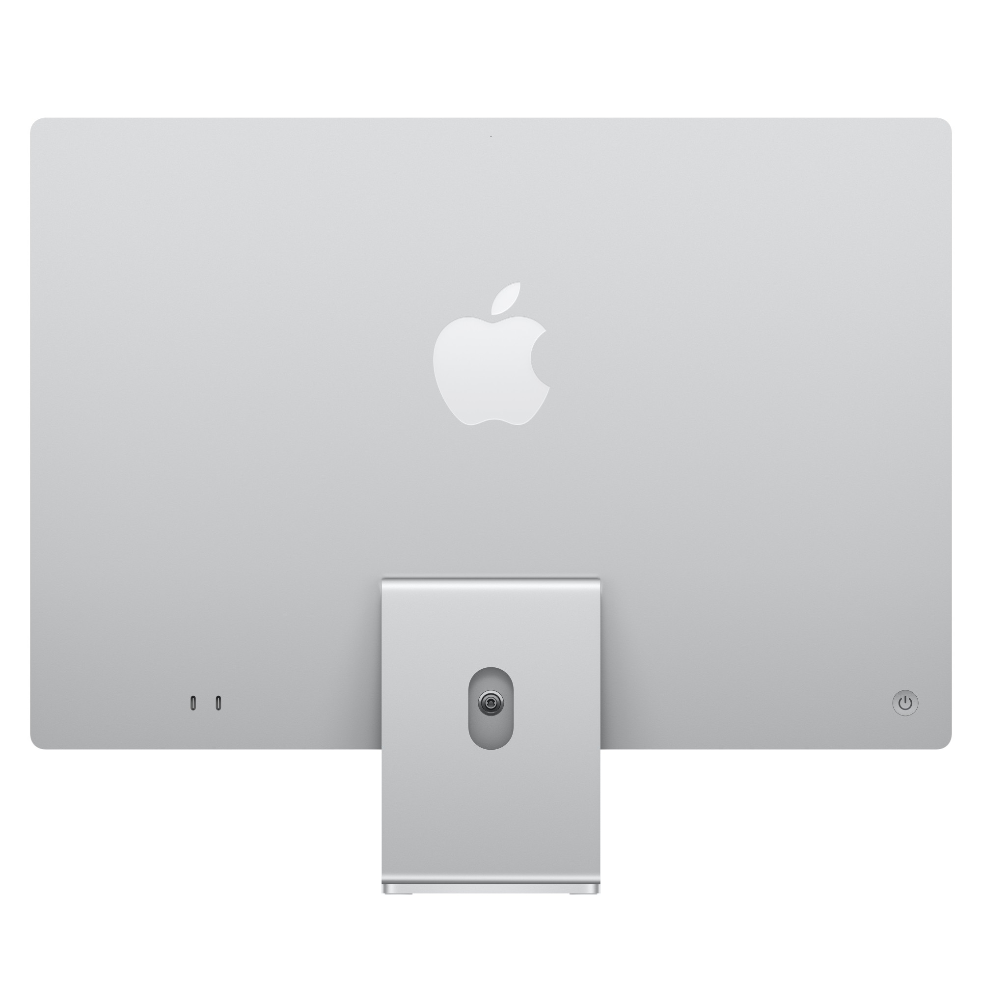 Widok z tyłu srebrnego monitora komputerowego Apple z logo Apple i podstawką na białym tle.