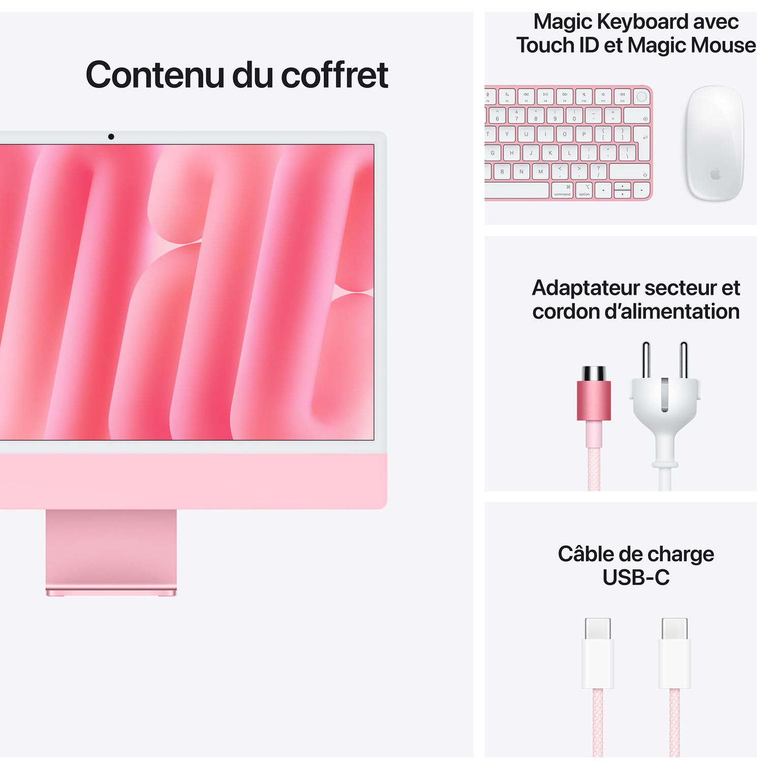 Contenu d'une boîte iMac rose : ordinateur, clavier, souris, adaptateur secteur et câble USB-C.