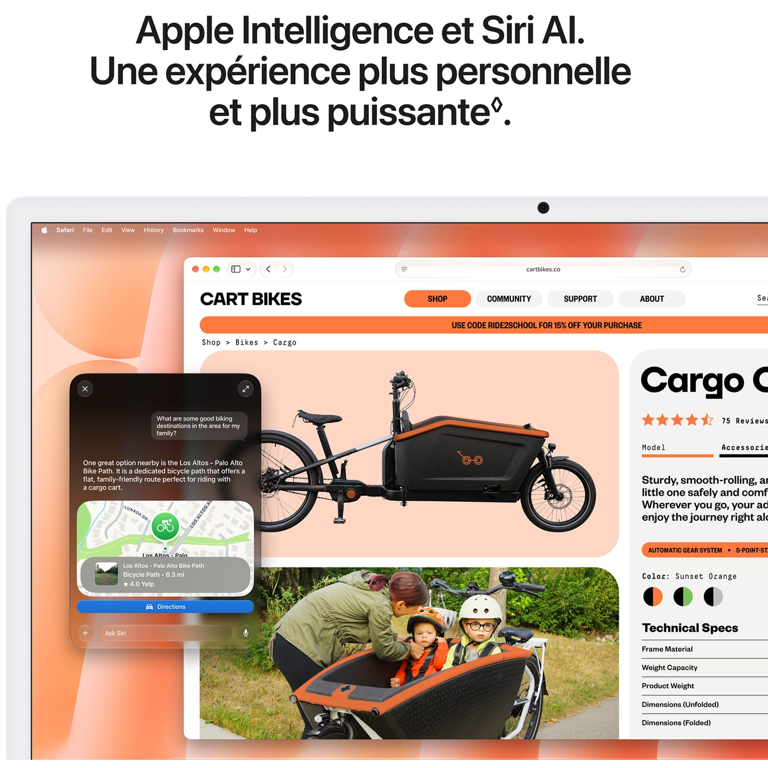 Un écran de portable montre un site de vélos-cargos, du texte Apple Intelligence et une fenêtre de chat Siri.