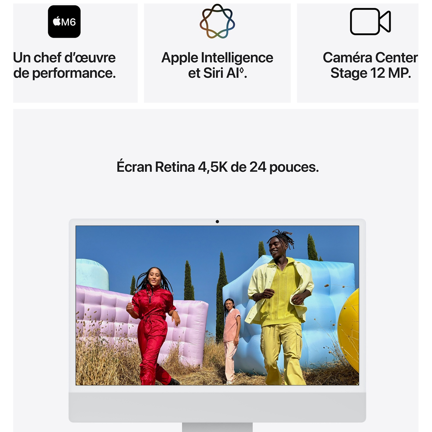 Un Mac avec écran Retina montre trois personnes courant en extérieur près de coussins colorés.