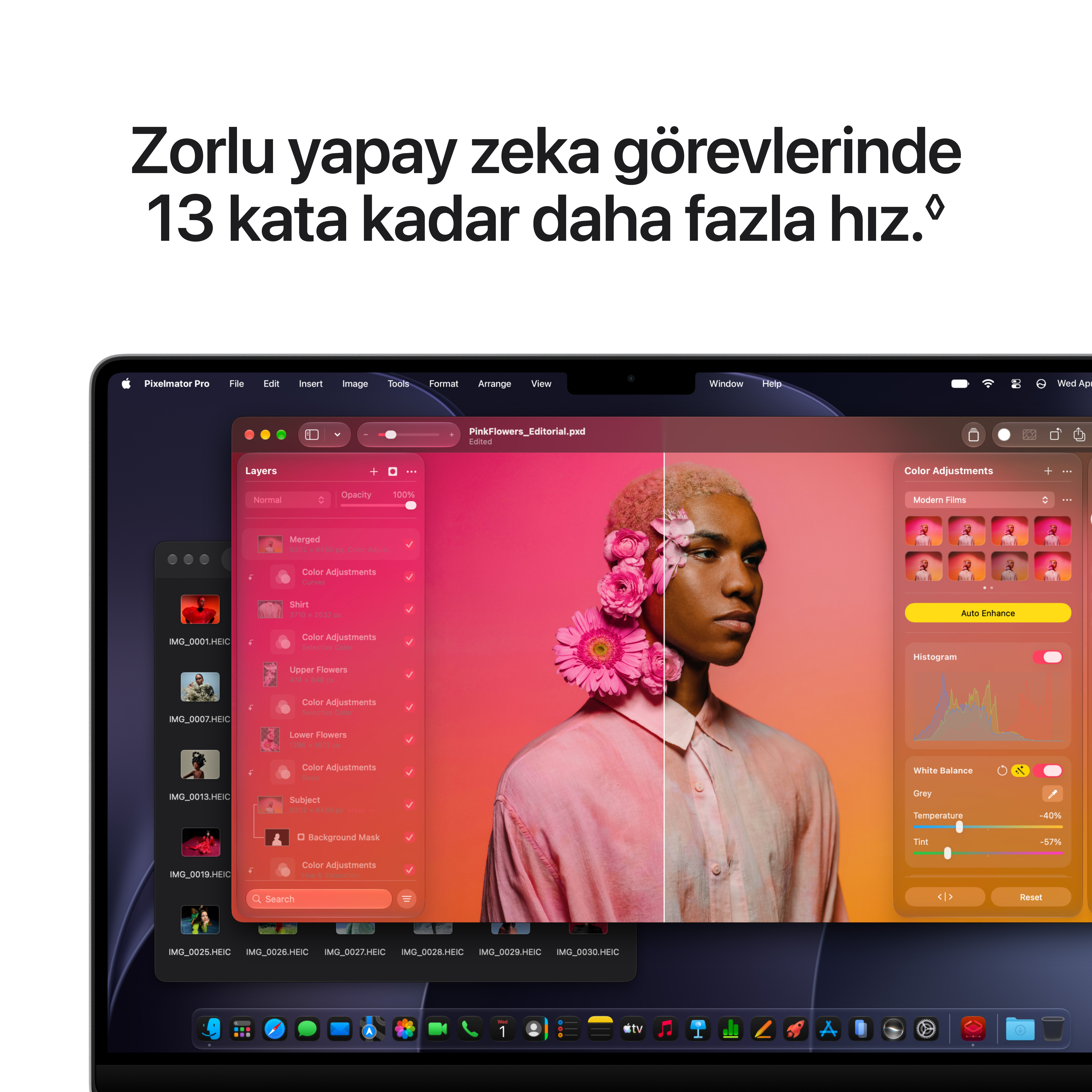 Fotoğraf düzenleme araçları ve katmanları gösteren Pixelmator Pro uygulaması.