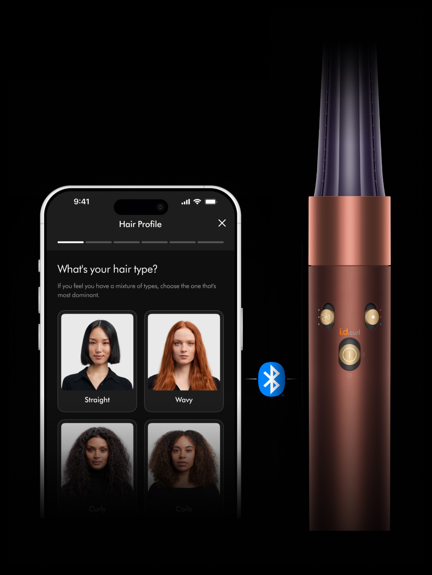 Okostelefon hajprofil appal és réz hajsütővas Bluetooth-kapcsolattal.