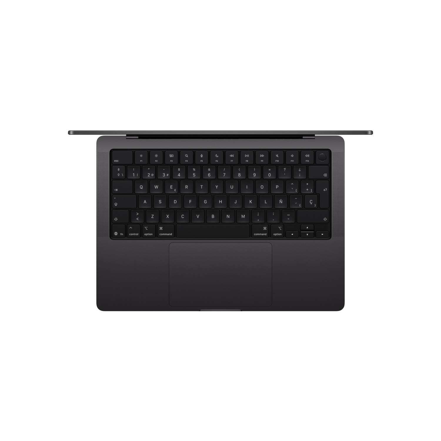 Vista cenital del teclado y panel táctil de un portátil negro sobre fondo blanco.