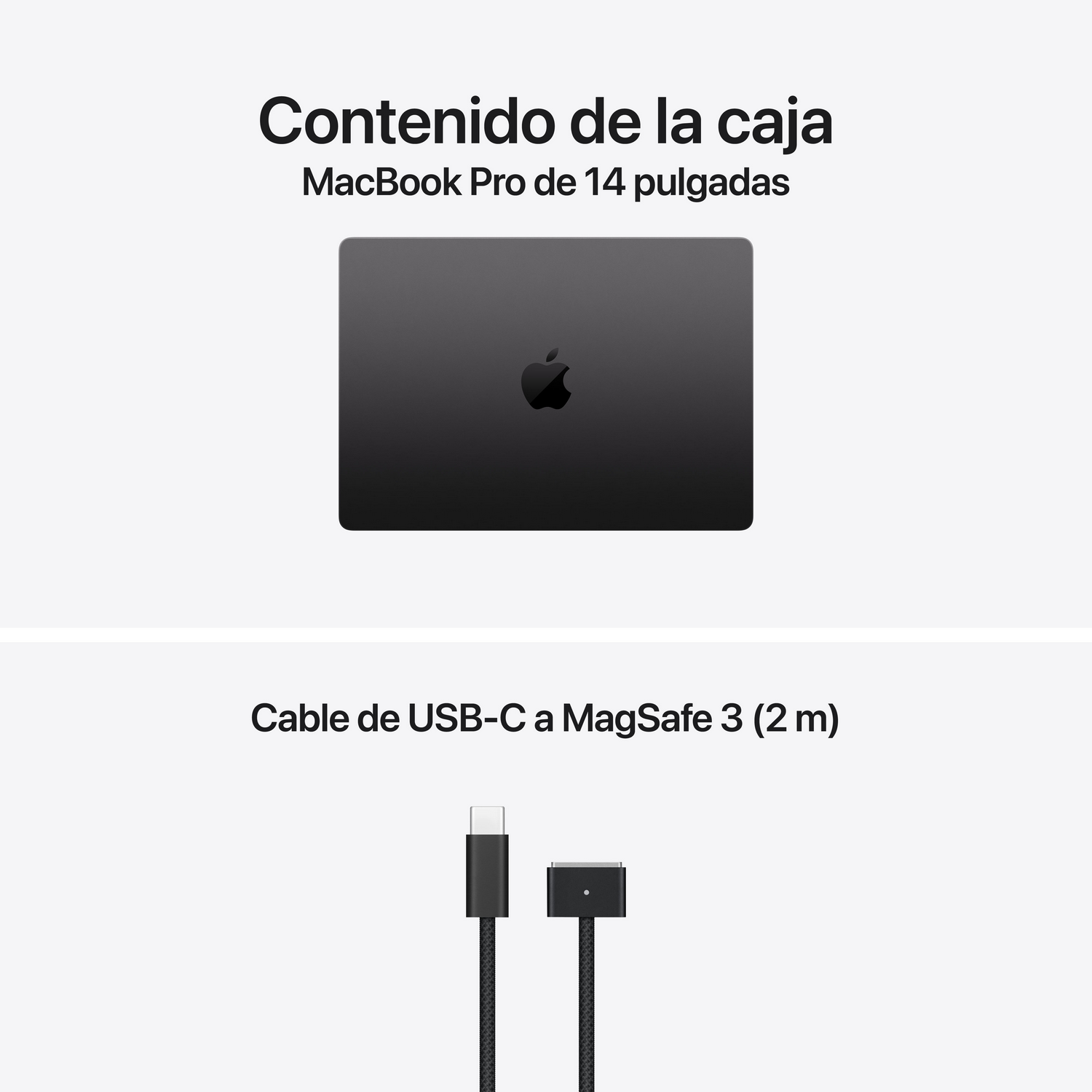Contenido de la caja con un MacBook Pro de 14 pulgadas y un cable USB-C a MagSafe 3.