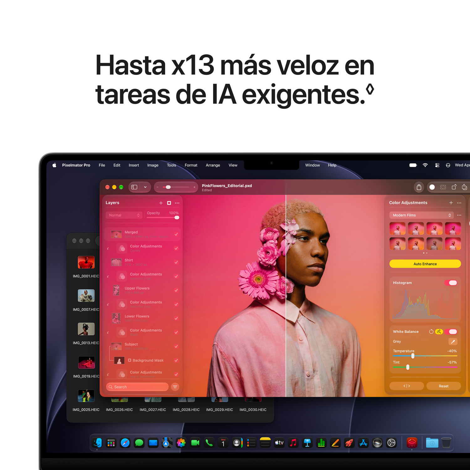 Pantalla de portátil mostrando software de edición de fotos con un hombre con flores rosas.