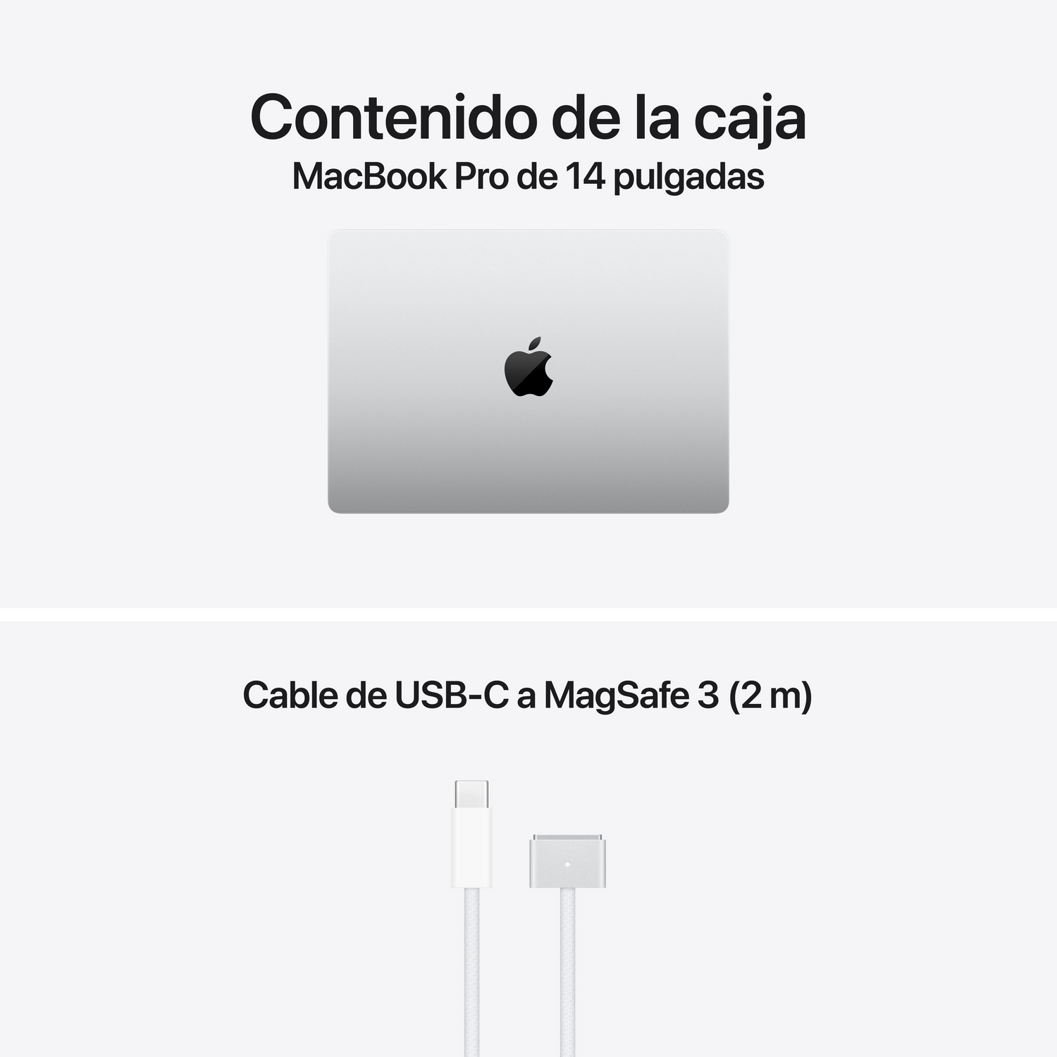 Contenido de la caja con un MacBook Pro de 14 pulgadas y un cable USB-C a MagSafe 3.