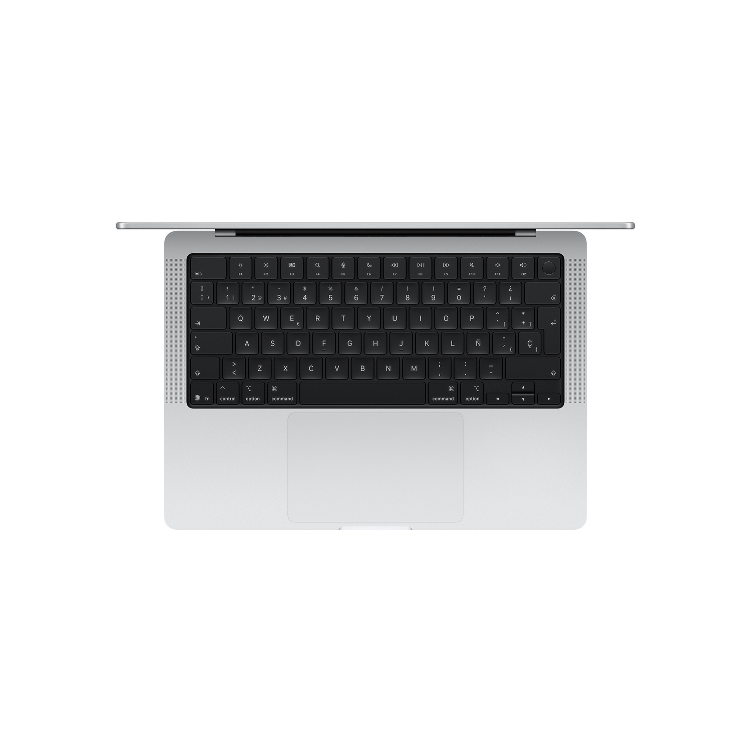 Vista superior de un teclado de portátil plateado con diseño de teclas negro y un trackpad integrado sobre fondo blanco.