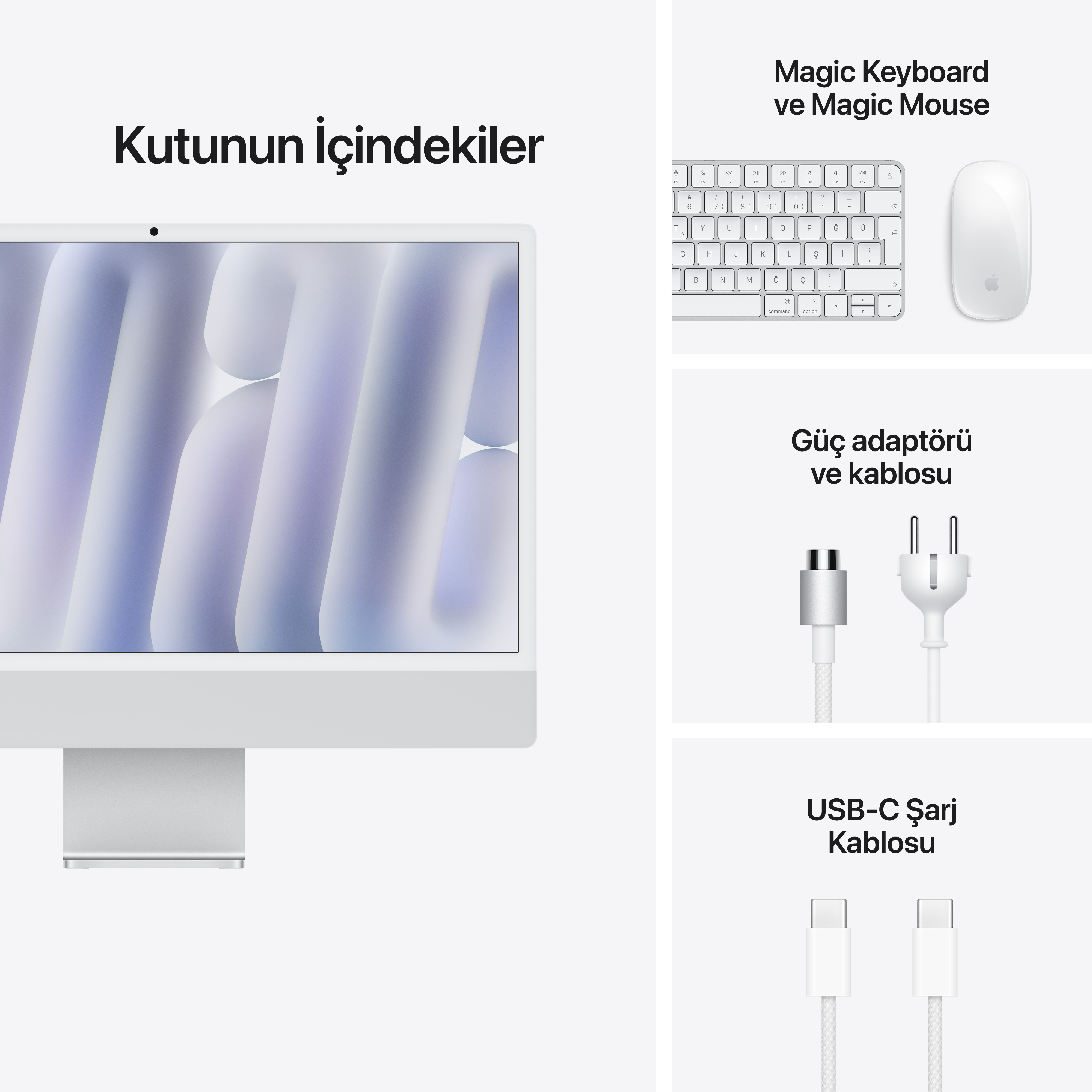 iMac, Magic Keyboard, Magic Mouse, güç adaptörü ve USB-C kablosunu gösteren kutu içeriği.
