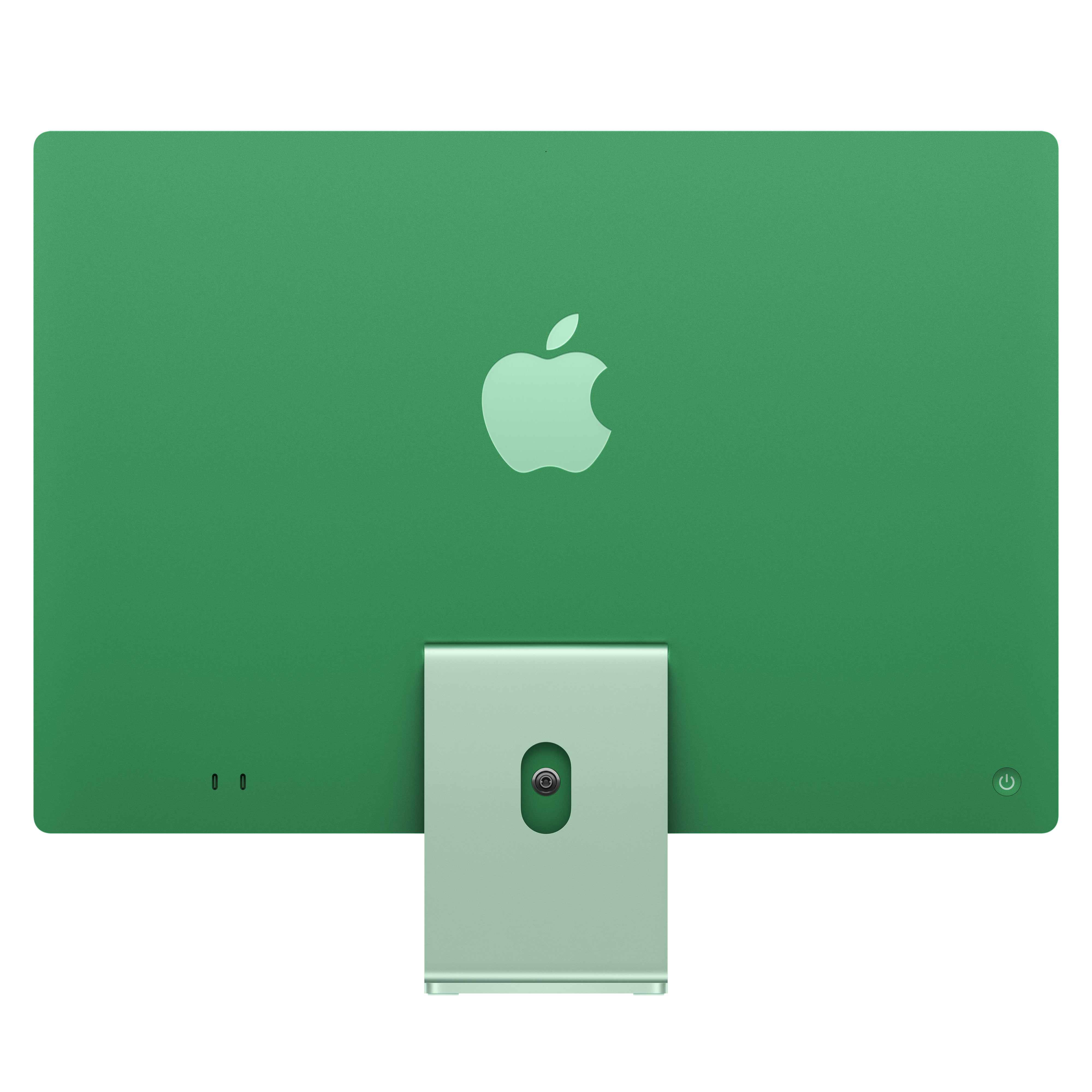 Beyaz arka planda standıyla birlikte yeşil bir Apple iMac'in arka görünümü.