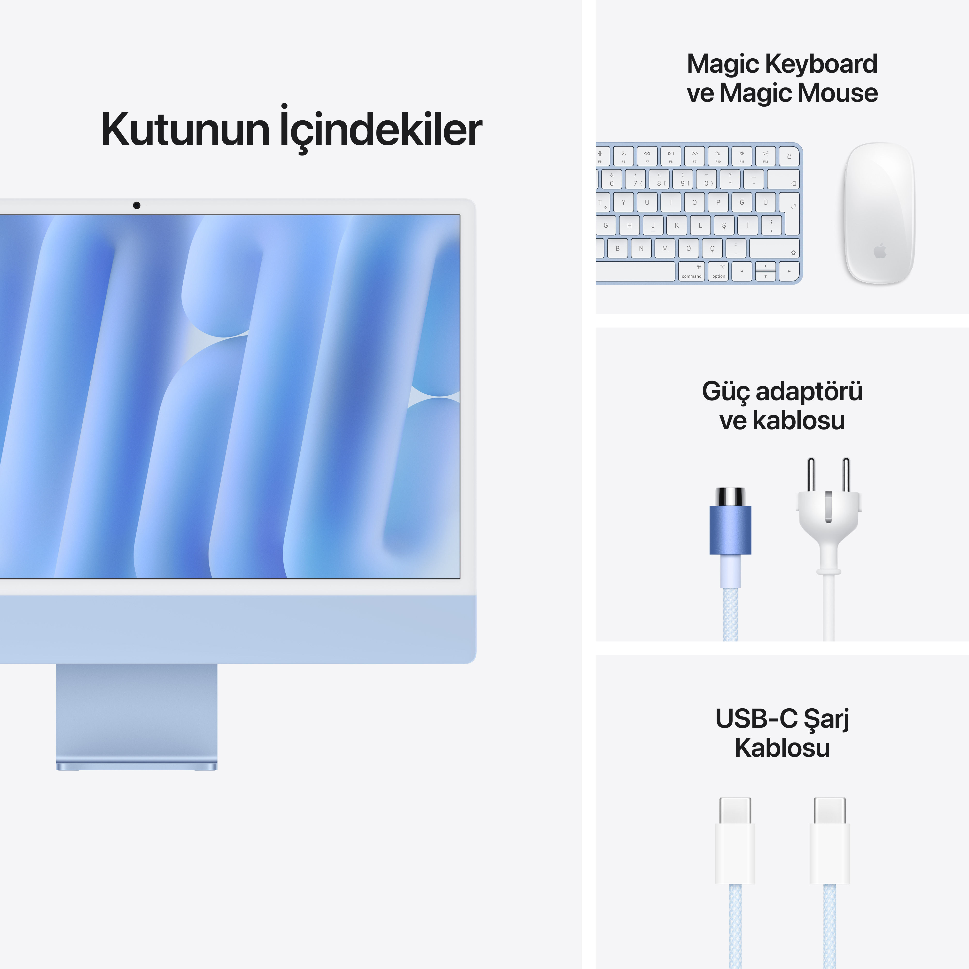 Kutunun içindekiler: mavi iMac, Magic Keyboard, Magic Mouse, güç adaptörü ve USB-C şarj kablosu.