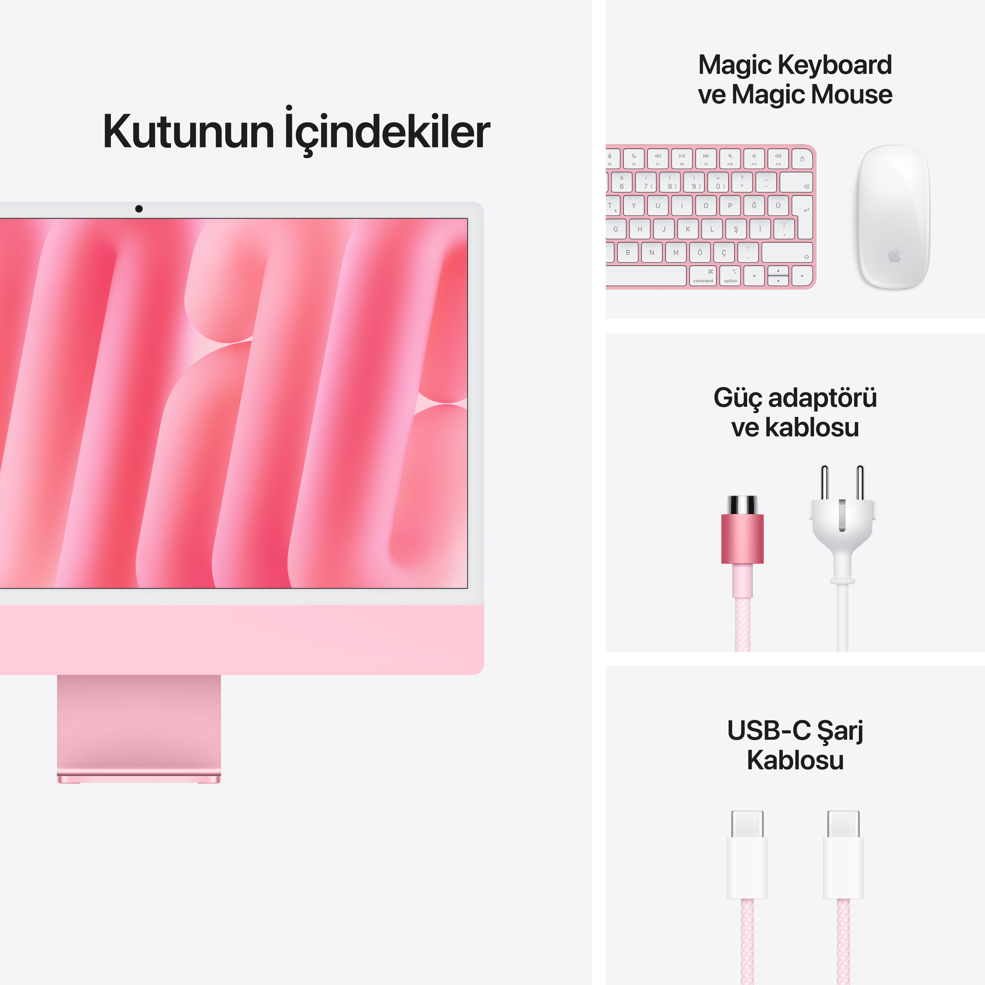 Pembe renkli iMac kutu içeriğini gösteren görsel: bilgisayar, klavye, fare, güç adaptörü ve USB-C kablosu.