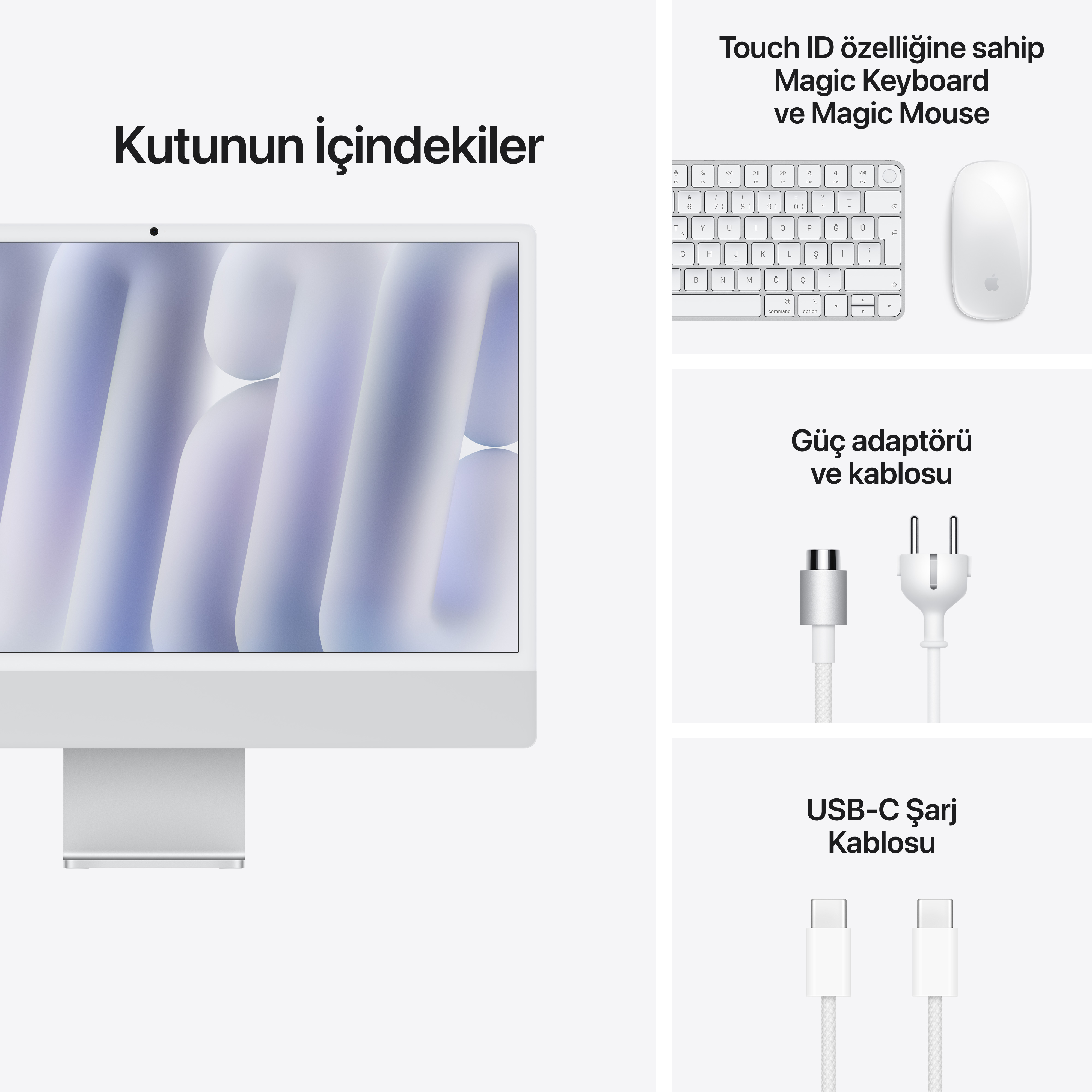 Bilgisayar, klavye, fare, güç adaptörü ve USB-C kablosu gösteren iMac kutu içeriği.