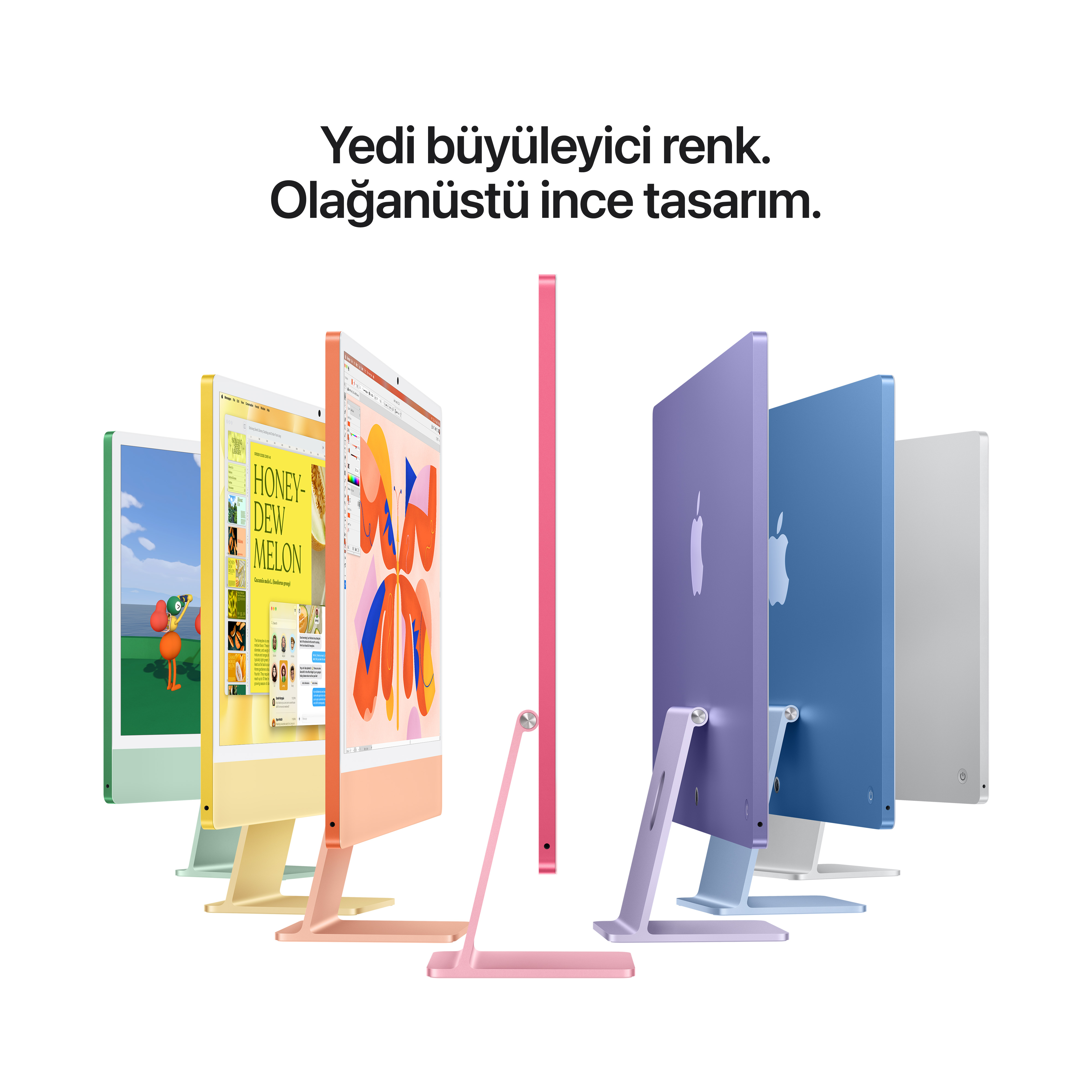 Beyaz arka planda metinle birlikte yan yana duran yedi renkli iMac.