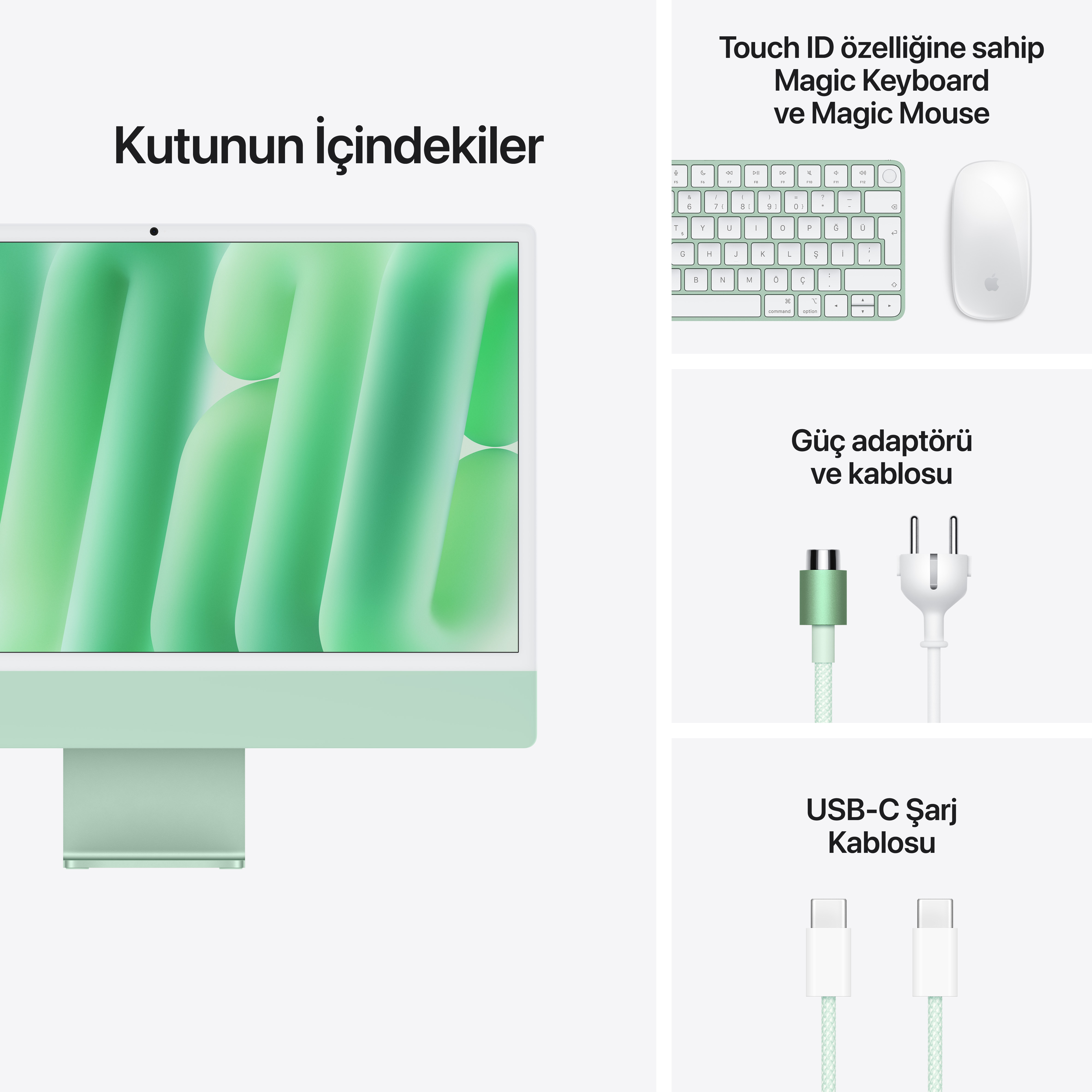 Kutunun içindekiler: yeşil iMac, Magic Keyboard, Magic Mouse, güç adaptörü ve USB-C kablosu.