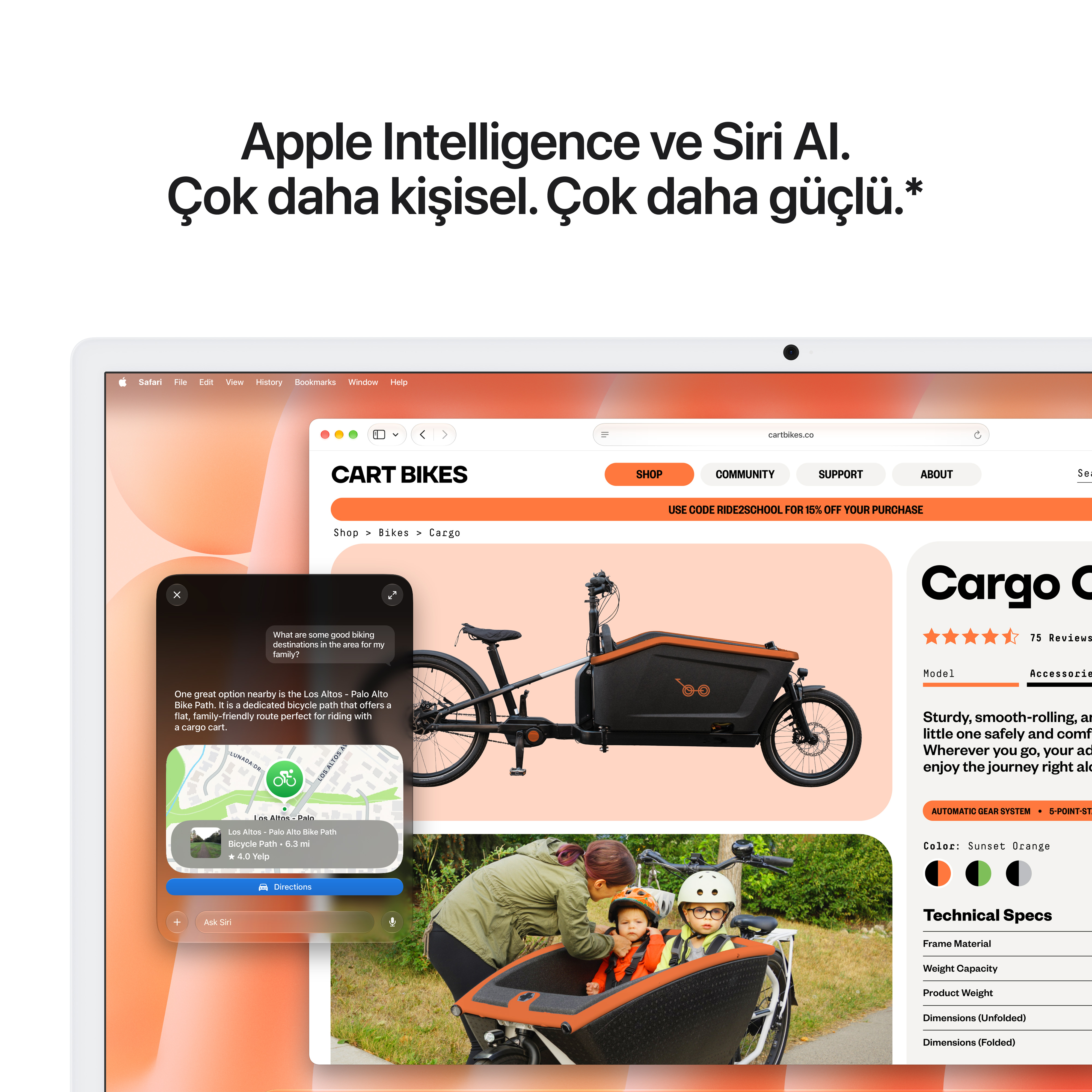 Aktif Siri arayüzü ve yapay zeka özellikleriyle kargo bisikleti e-ticaret sitesini gösteren dizüstü ekranı.