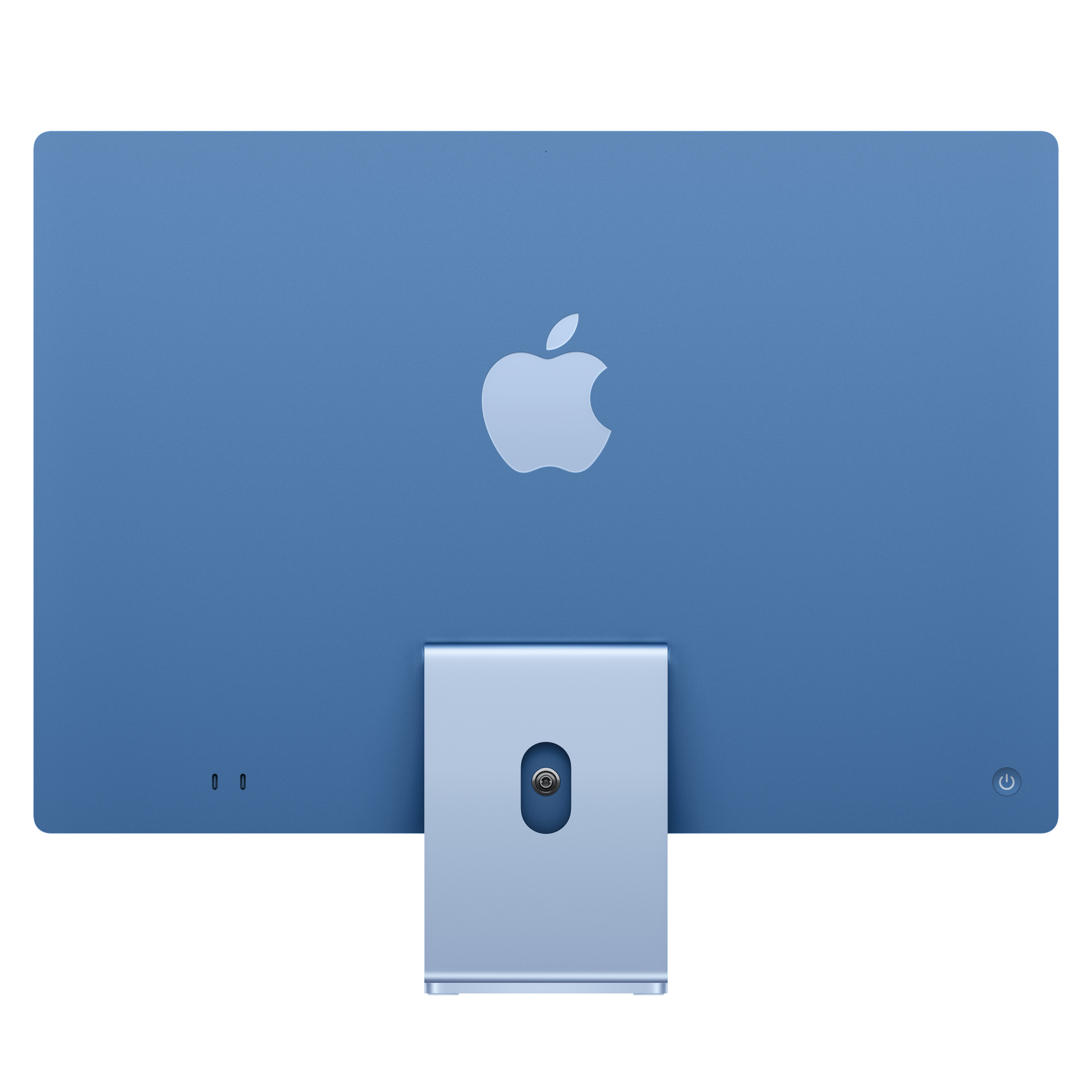 Rückansicht eines blauen iMac mit Apple-Logo in der Mitte und integriertem Ständer vor weißem Hintergrund.