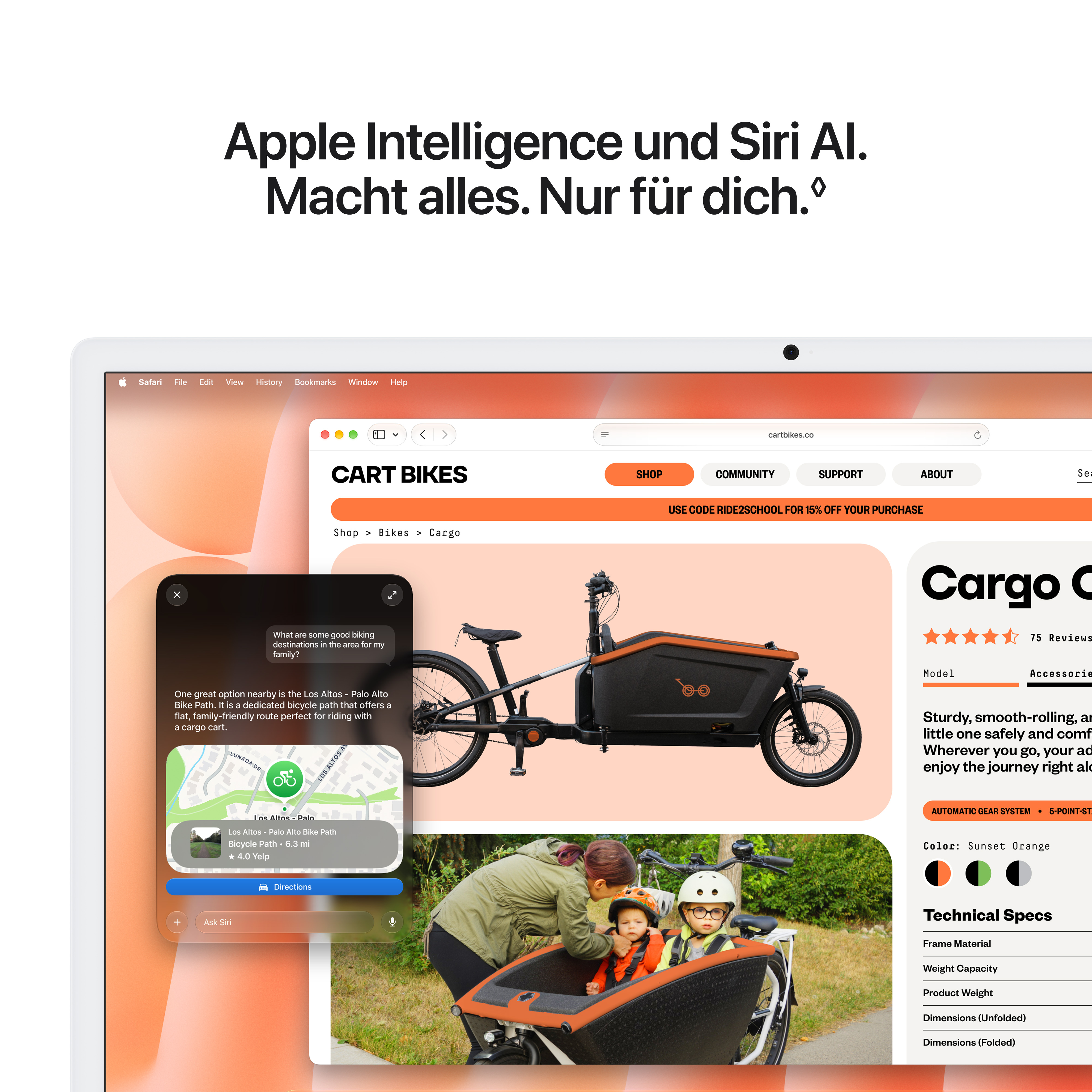 Computerbildschirm mit Apple-Siri-Assistent und einer Website für Lastenräder.