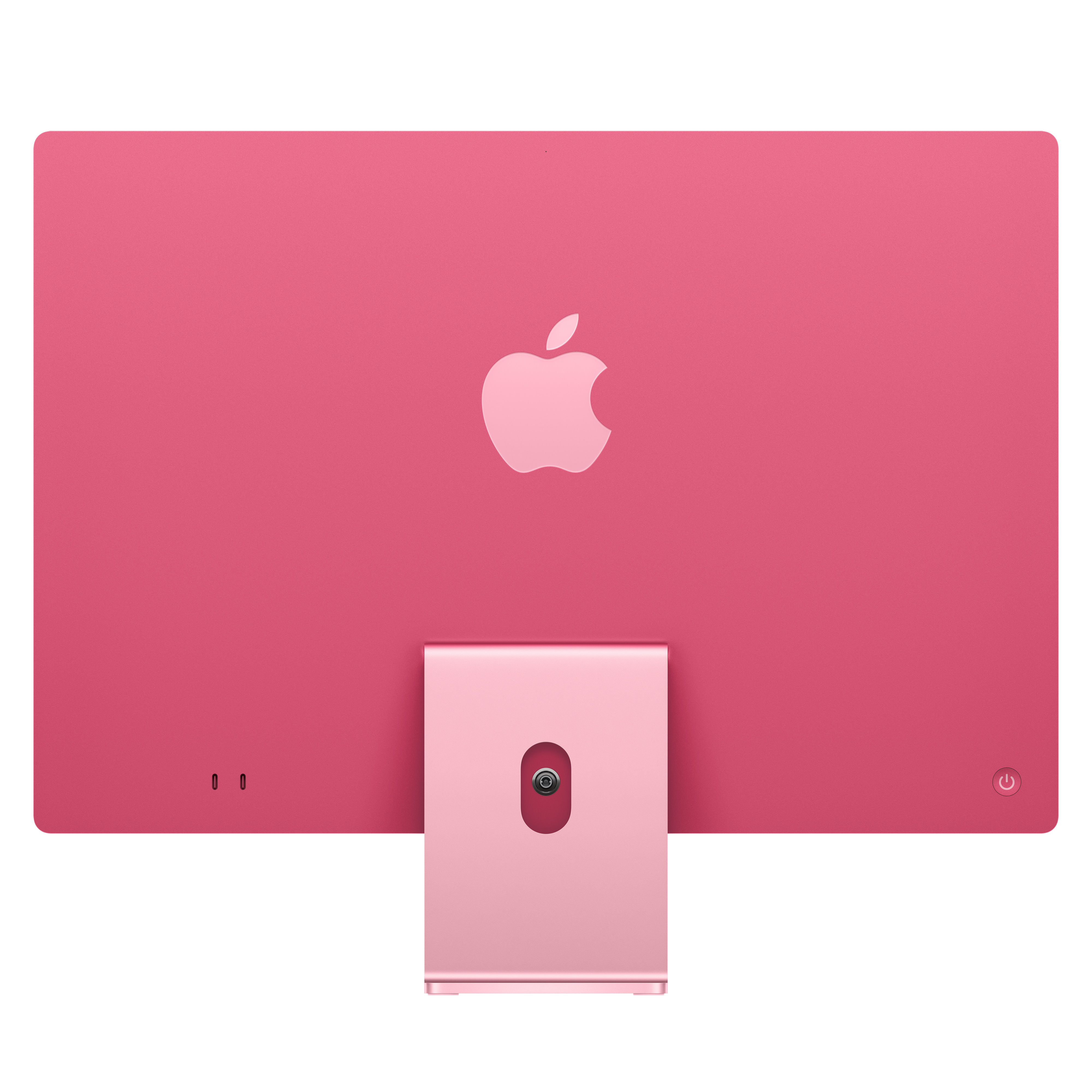 Rückseite eines pinken Apple iMac mit Ständer auf weißem Hintergrund.