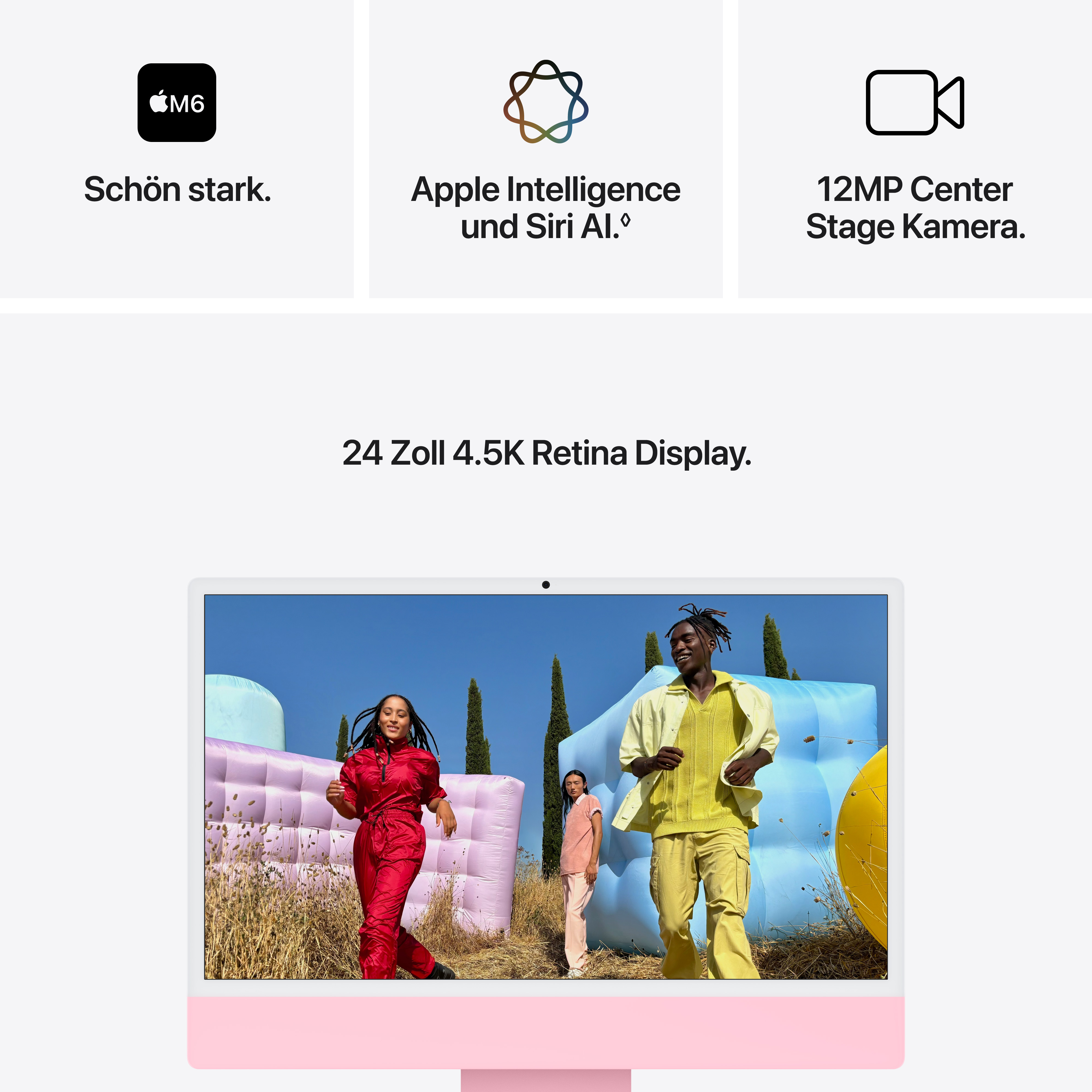 Anzeige für einen Mac mit M3 Chip, Apple Intelligence, Kamera und einem 24-Zoll-Retina-Display, das Menschen zeigt.