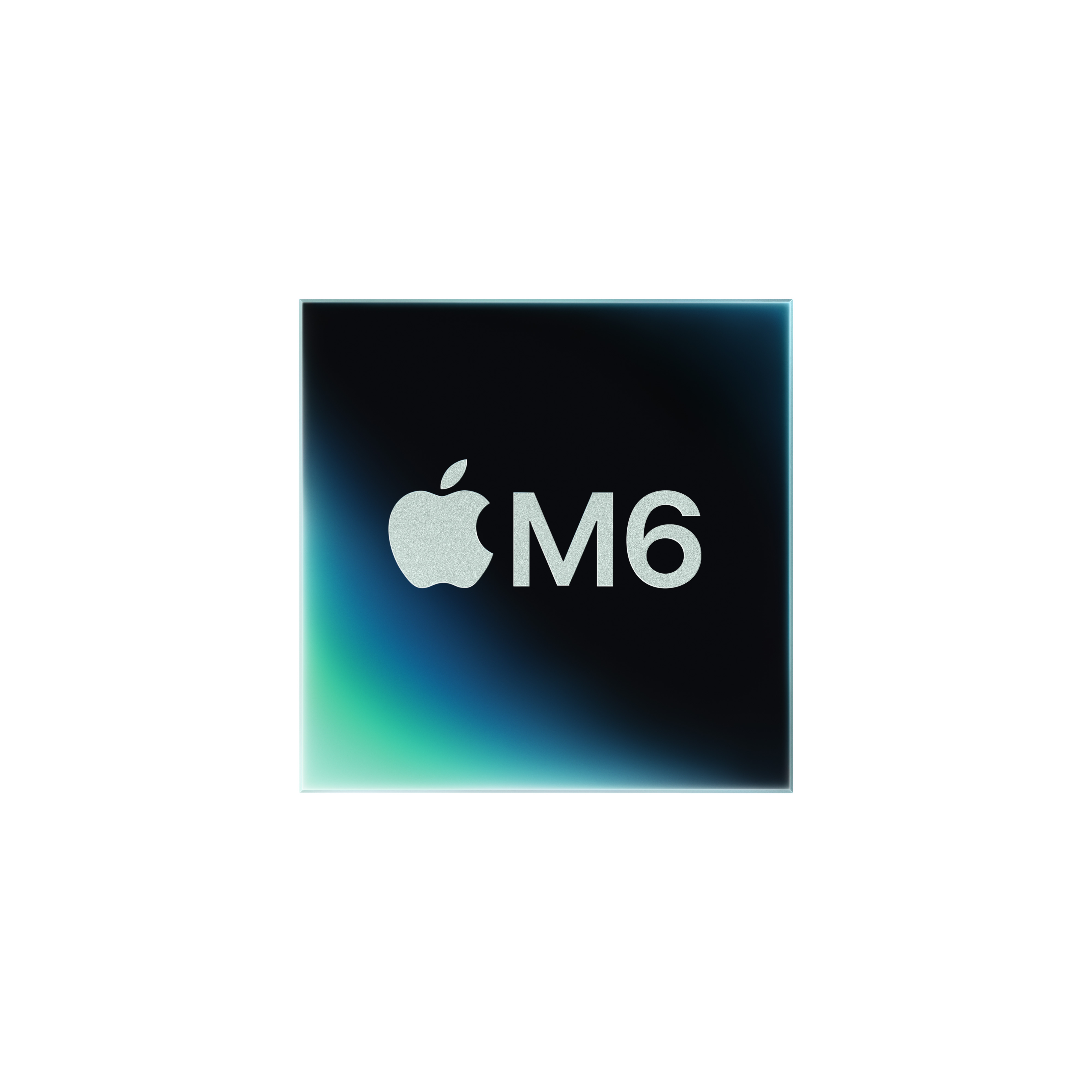 Une puce carrée brillante arborant le logo Apple et le texte M6 sur un fond dégradé bleu foncé et vert.