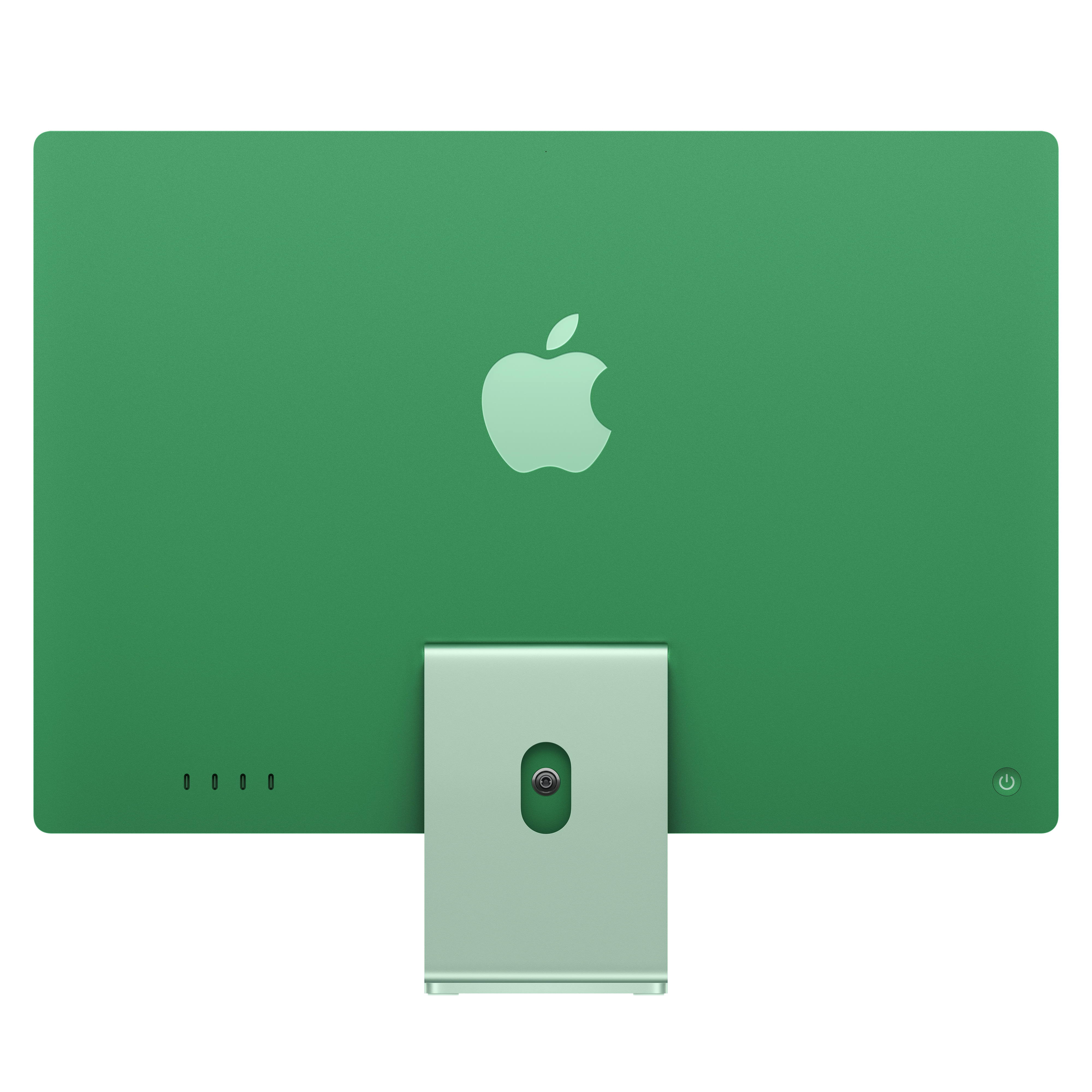 L'arrière d'un ordinateur iMac vert avec un logo Apple vert clair et un pied sur fond blanc.