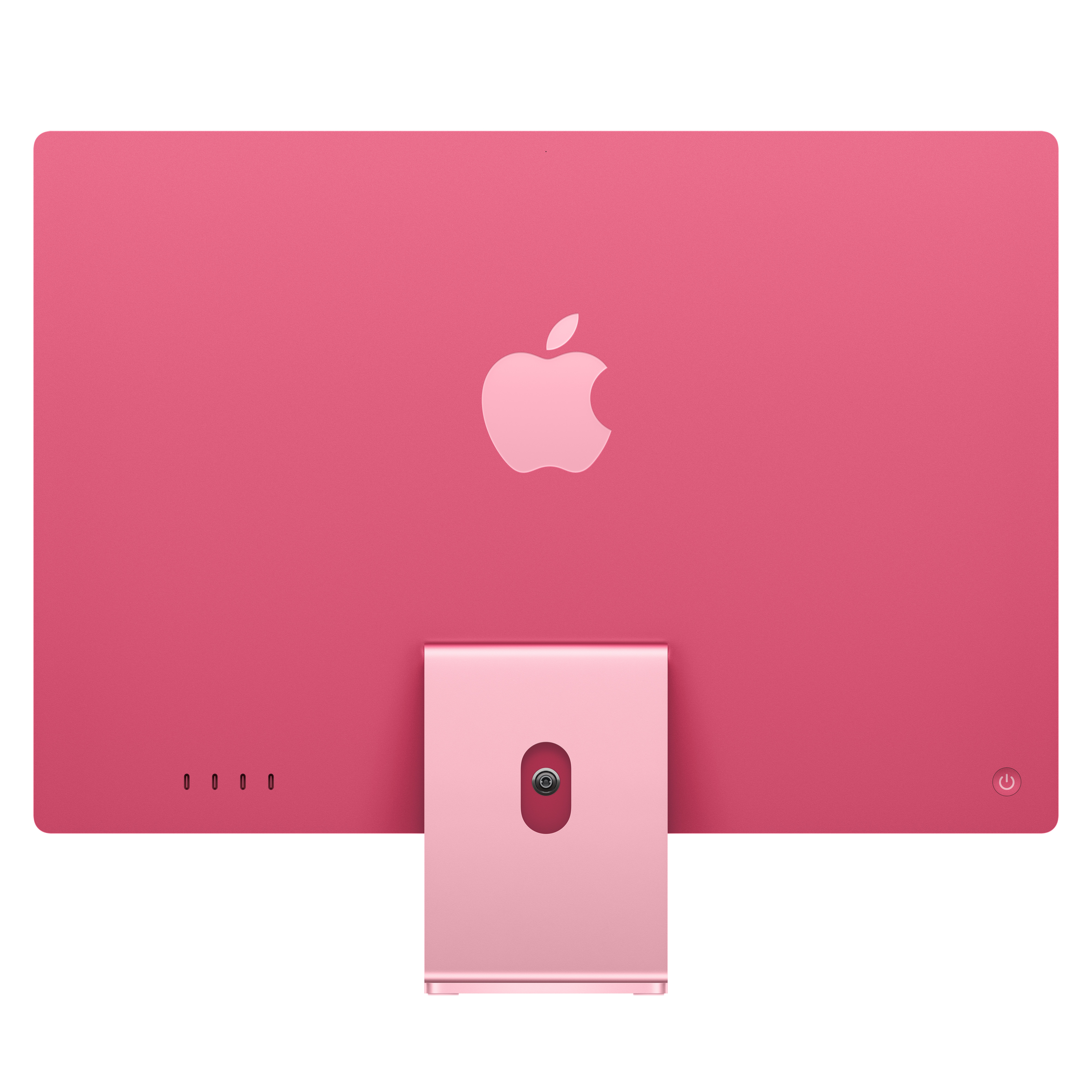 Vue arrière d'un iMac rose avec un logo Apple au centre et un support sur fond blanc.