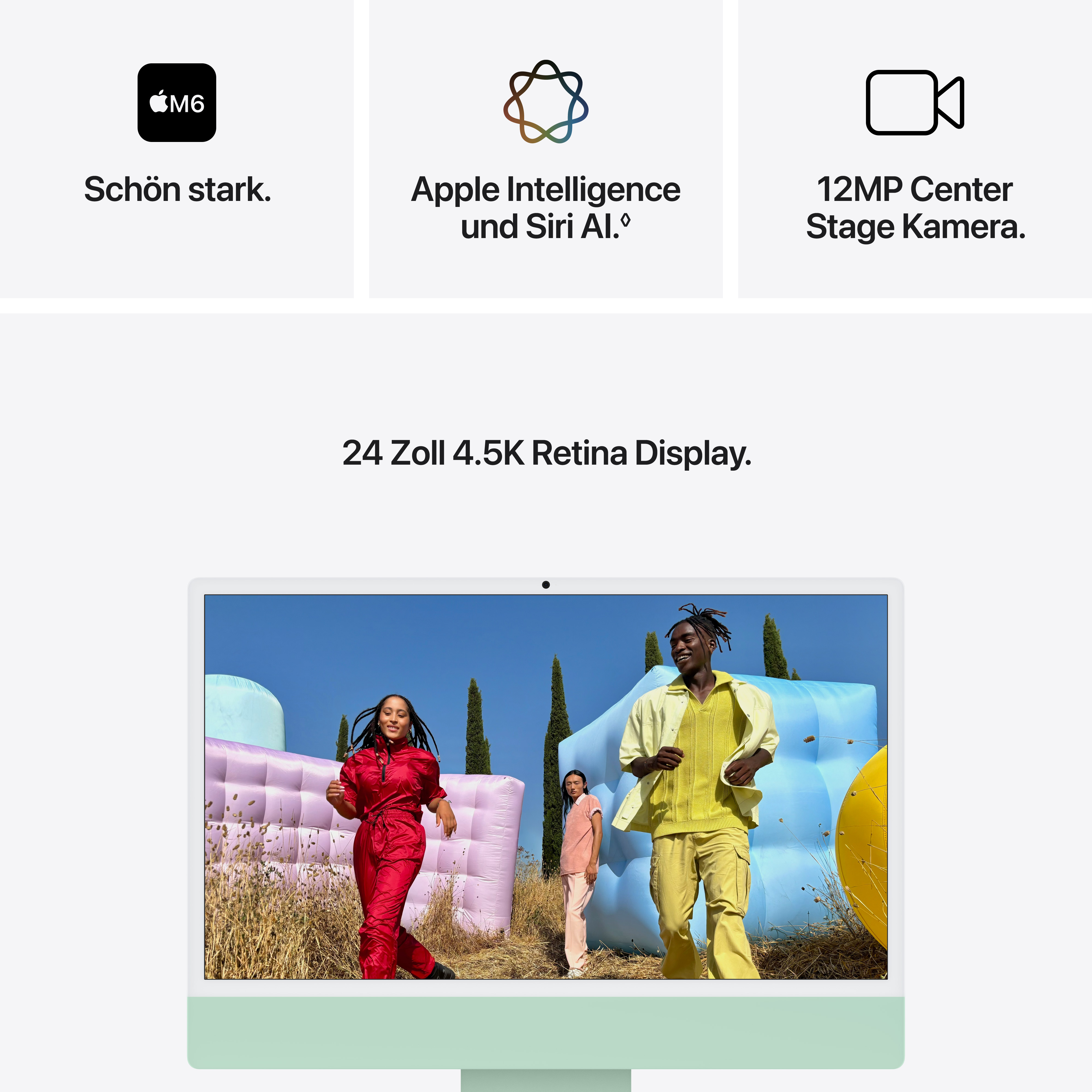 Présentation des fonctionnalités Apple avec écran et personnes devant des décors gonflables.