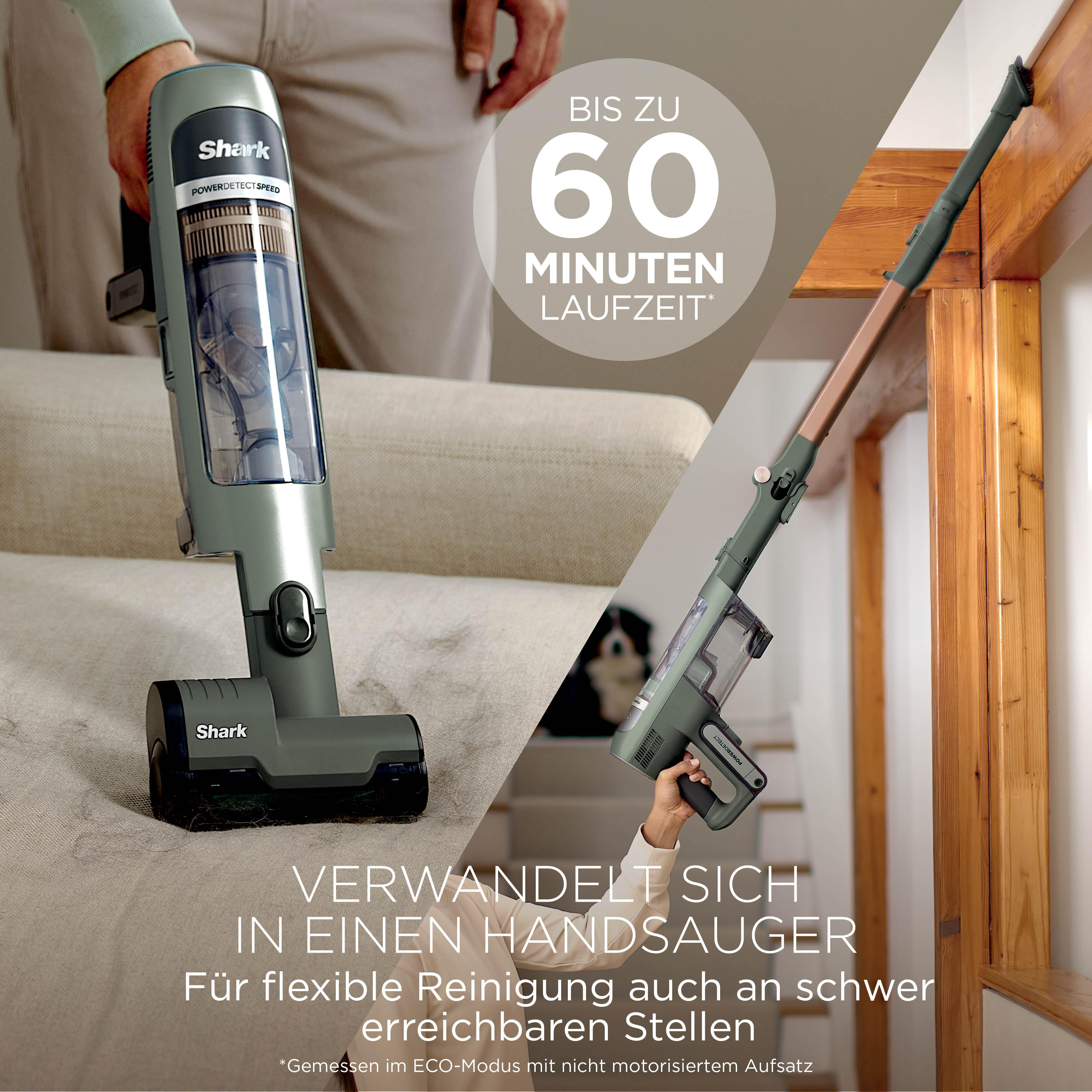 Shark Staubsauger im Einsatz auf Teppich und Holztreppe mit Text für bis zu 60 Minuten Laufzeit.